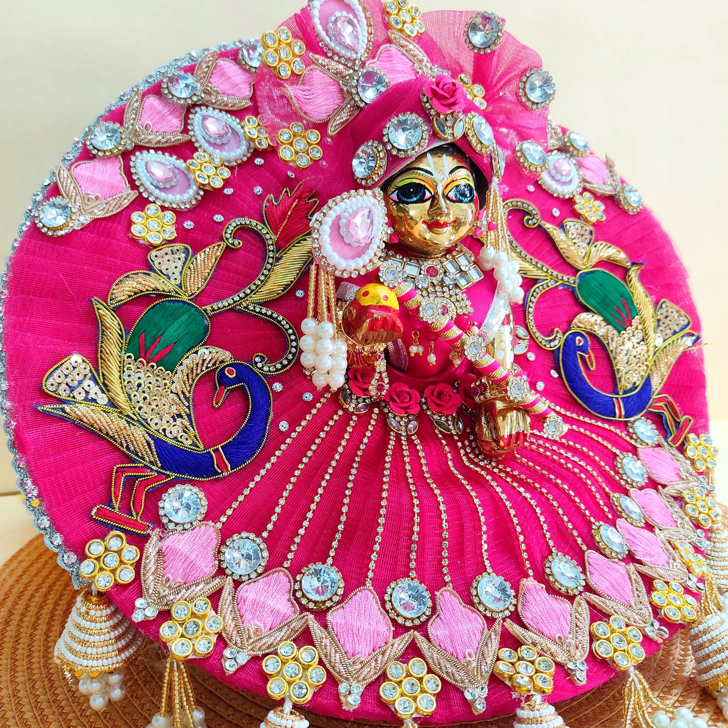Heavy Look Pink Kanha Ji Dress – Designer Peacock Patches Poshak with Heavy Lace and Motifs, Mukut & Full Shringar Set