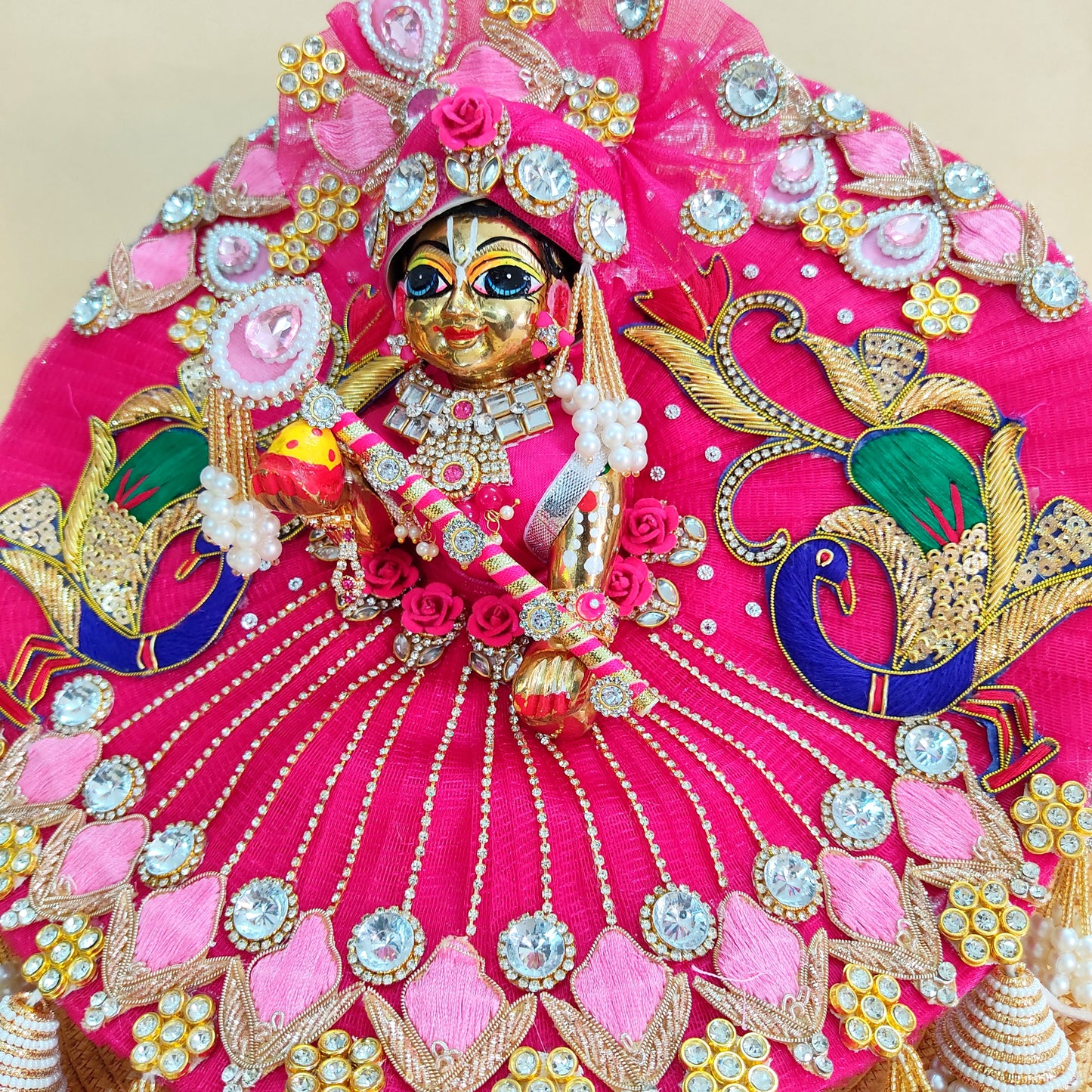 Heavy Look Pink Kanha Ji Dress – Designer Peacock Patches Poshak with Heavy Lace and Motifs, Mukut & Full Shringar Set