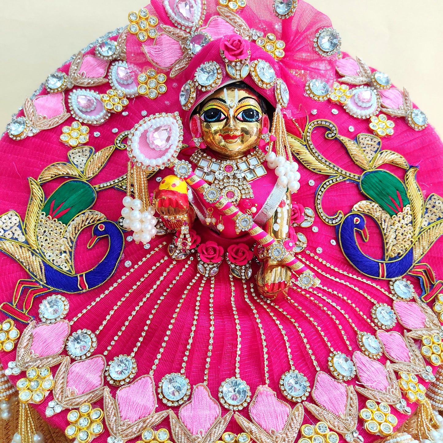 Heavy Look Pink Kanha Ji Dress – Designer Peacock Patches Poshak with Heavy Lace and Motifs, Mukut & Full Shringar Set