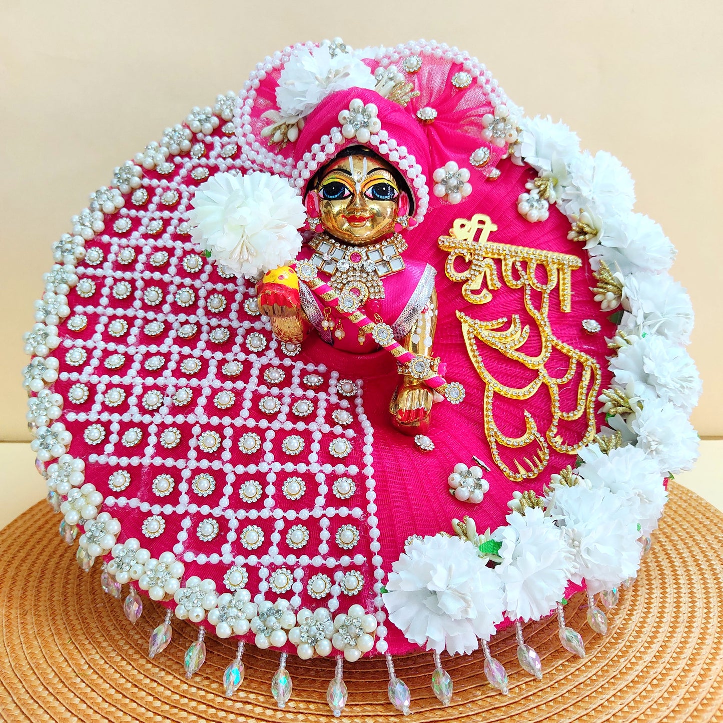 Golden “Shree Krishna” Name Patch with Charan Motif Radha Rani Dress – Pink Designer Poshak with Floral and Full Bead Work, Matching Dupatta & Full Shringar Set
