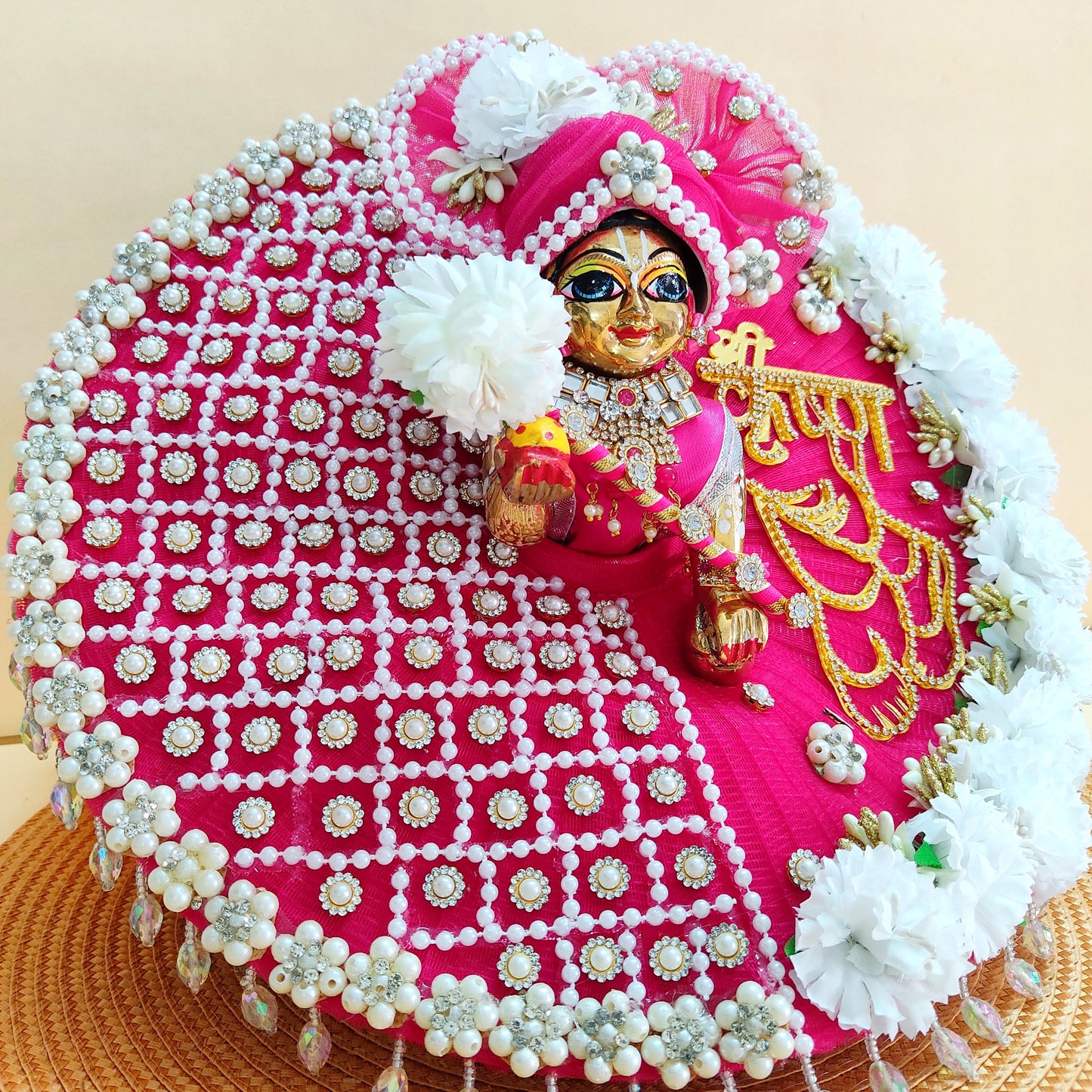 Golden “Shree Krishna” Name Patch with Charan Motif Laddu Gopal Dress – Pink Designer Poshak with Floral and Full Bead Work with Mukut, Patakha Set, Bansuri & Full Shringar Set