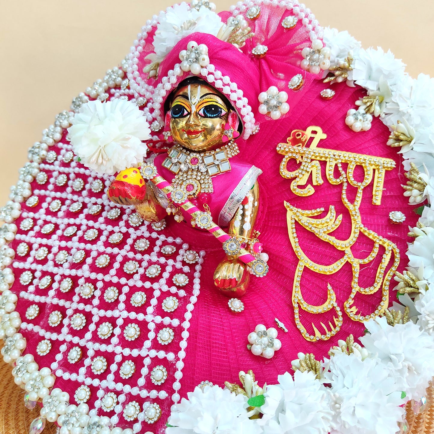 Golden “Shree Krishna” Name Patch with Charan Motif Laddu Gopal Dress – Orange Designer Poshak with Floral and Full Bead Work, Matching Mukut & Full Shringar Set