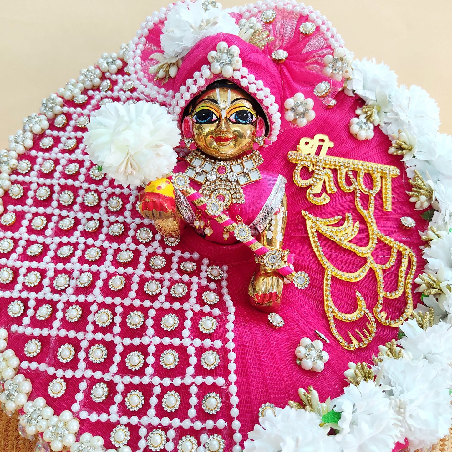 Golden “Shree Krishna” Name Patch with Charan Motif Laddu Gopal Dress – Pink Designer Poshak with Floral and Full Bead Work with Mukut, Patakha Set, Bansuri & Full Shringar Set
