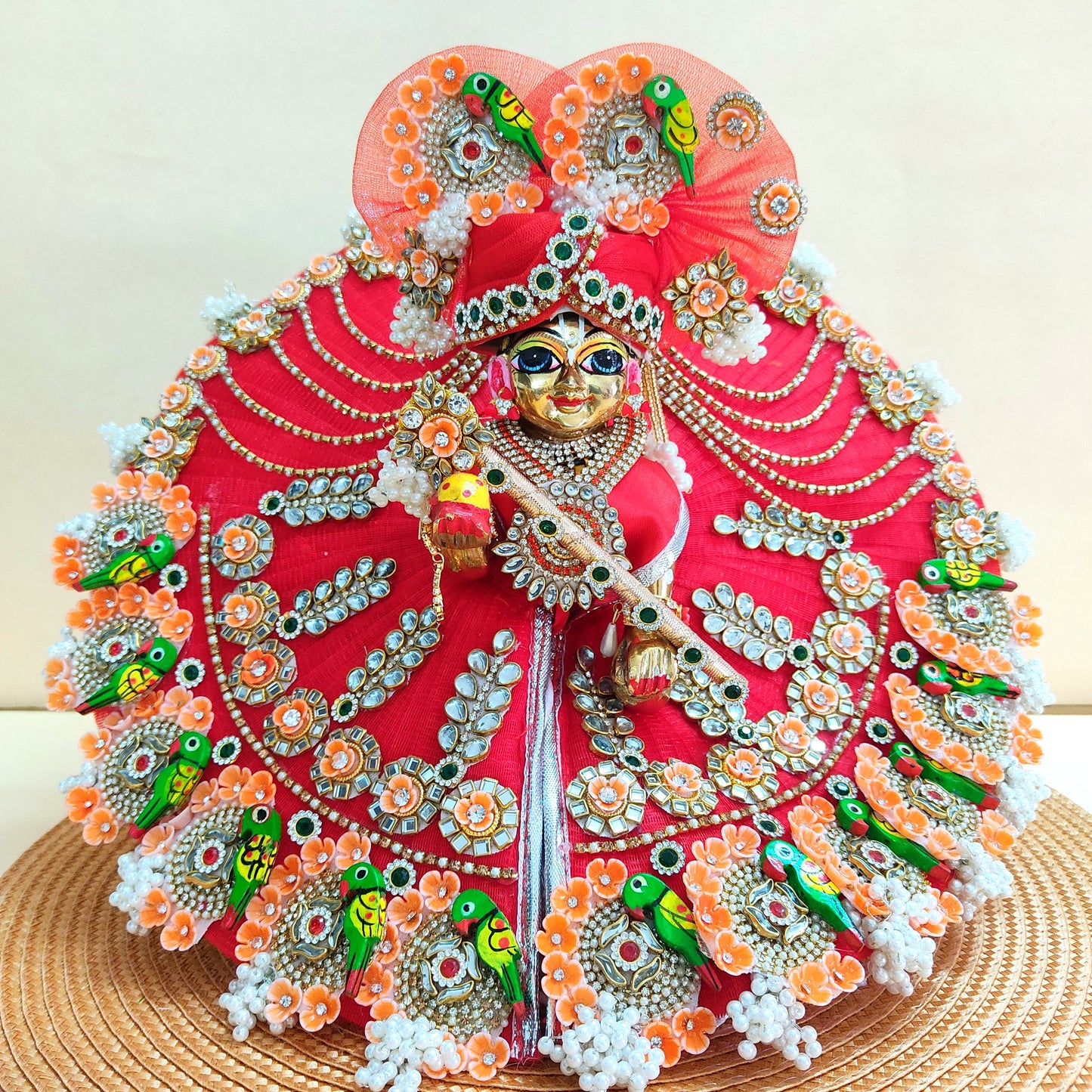 Two-In-One Ring Style Radha Rani Dress – Janmashtami Special Heavy Poshak with Decorative Ring, Handmade Kundan & Floral Patches, Matching Dupatta& Full Shringar Set