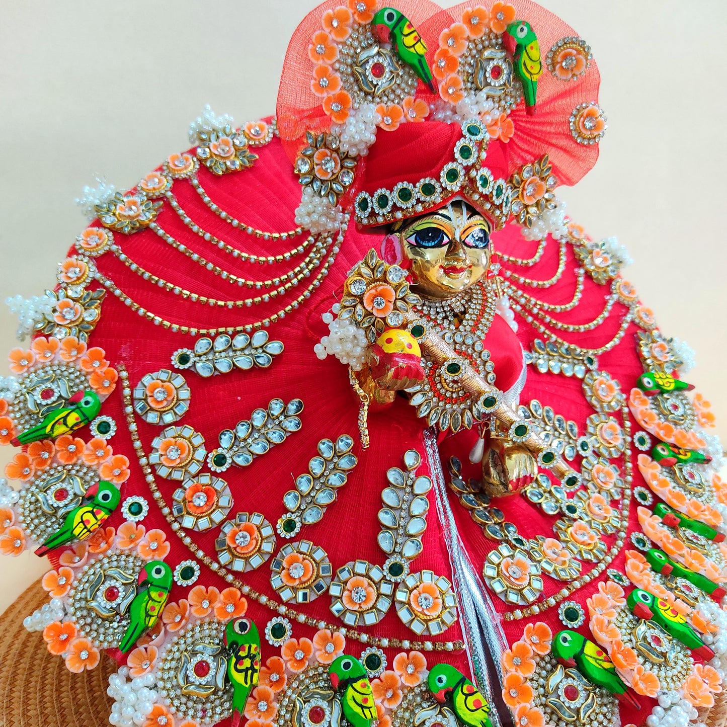 Two-In-One Ring Style Laddu Gopal Dress – Janmashtami Special Heavy Poshak with Decorative Ring, Handmade Kundan & Floral Patches, Matching Mukut & Full Shringar Set