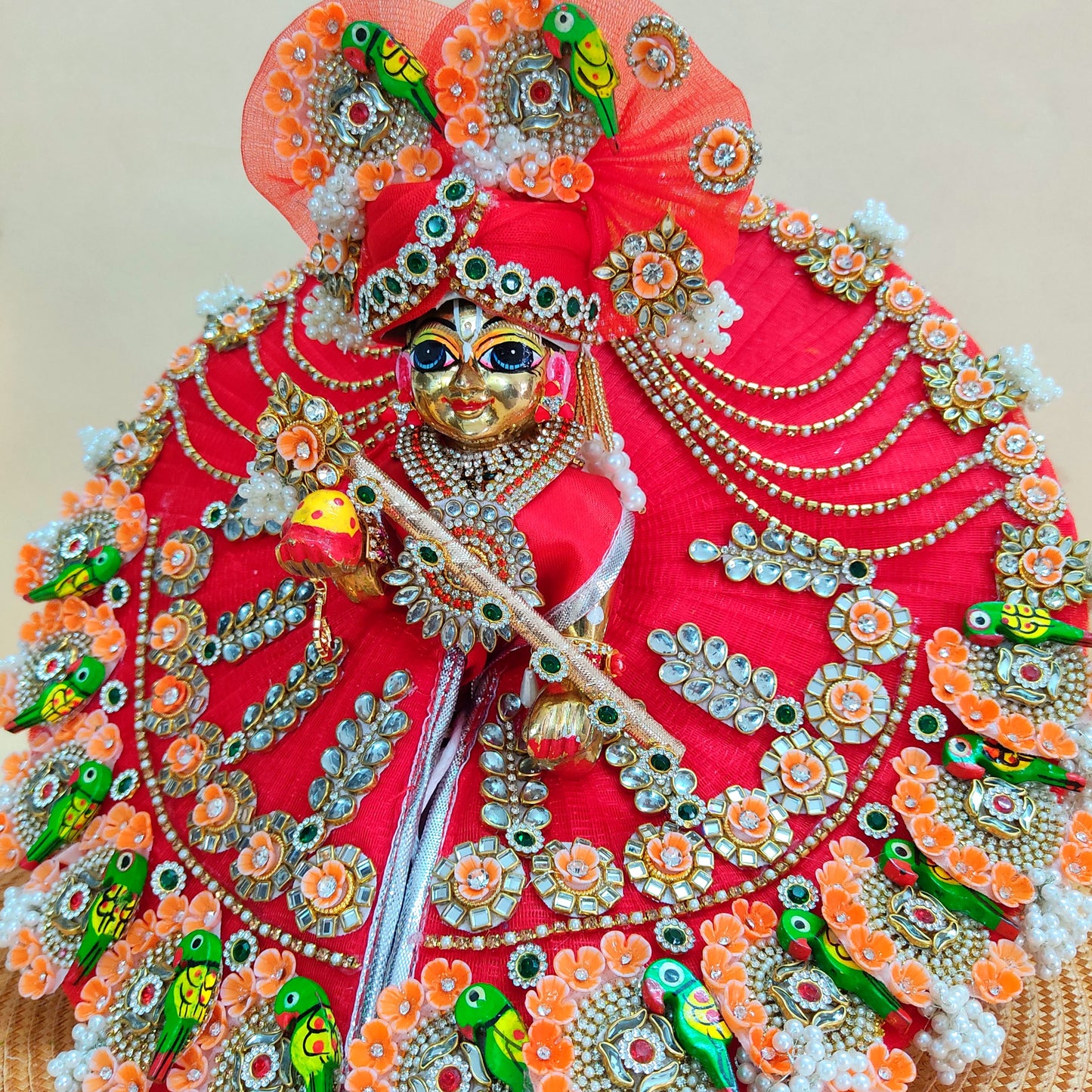 Two-In-One Ring Style Laddu Gopal Dress – Janmashtami Special Heavy Poshak with Decorative Ring, Handmade Kundan & Floral Patches, Matching Mukut & Full Shringar Set