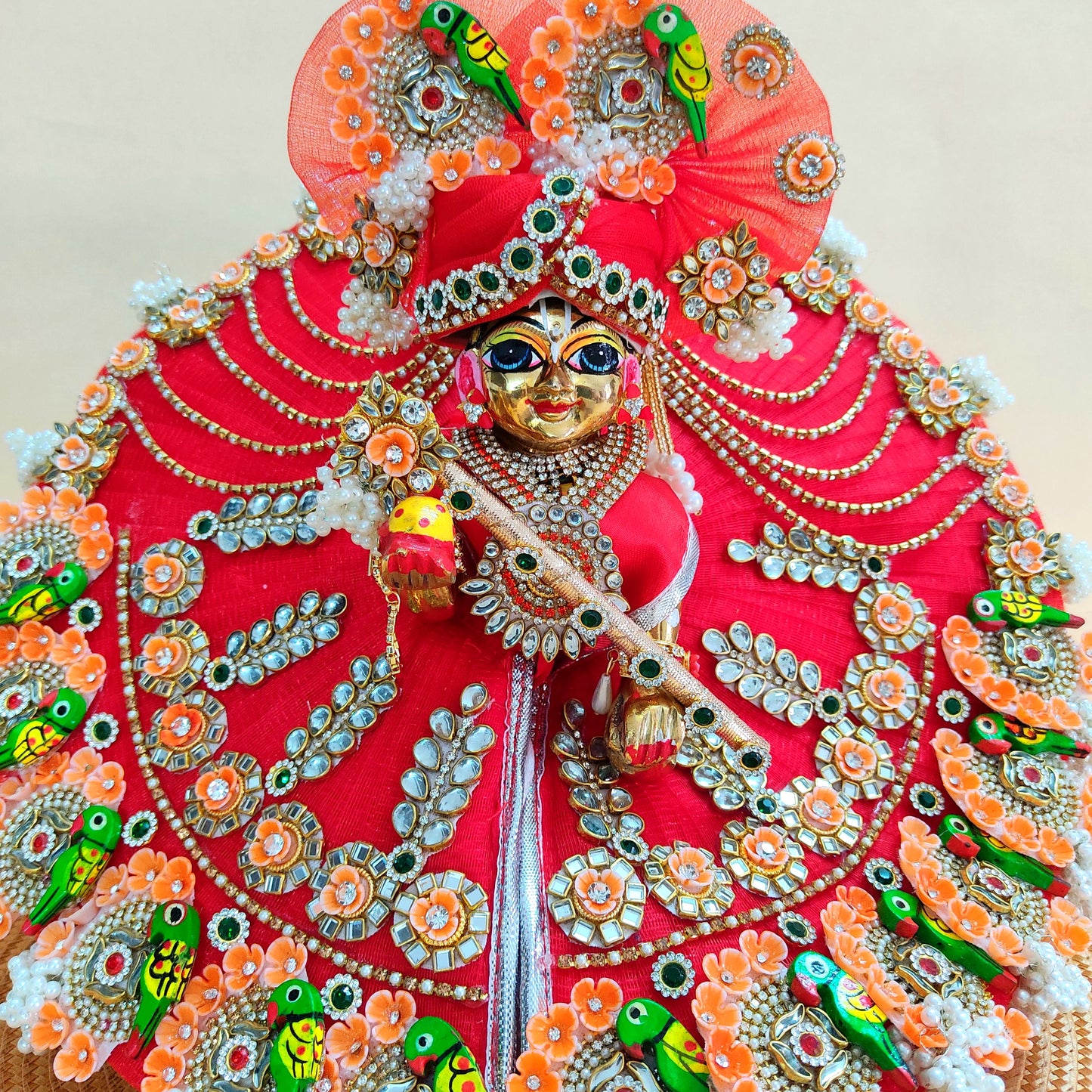 Two-In-One Ring Style Laddu Gopal Dress – Janmashtami Special Heavy Poshak with Decorative Ring, Handmade Kundan & Floral Patches, Matching Mukut & Full Shringar Set