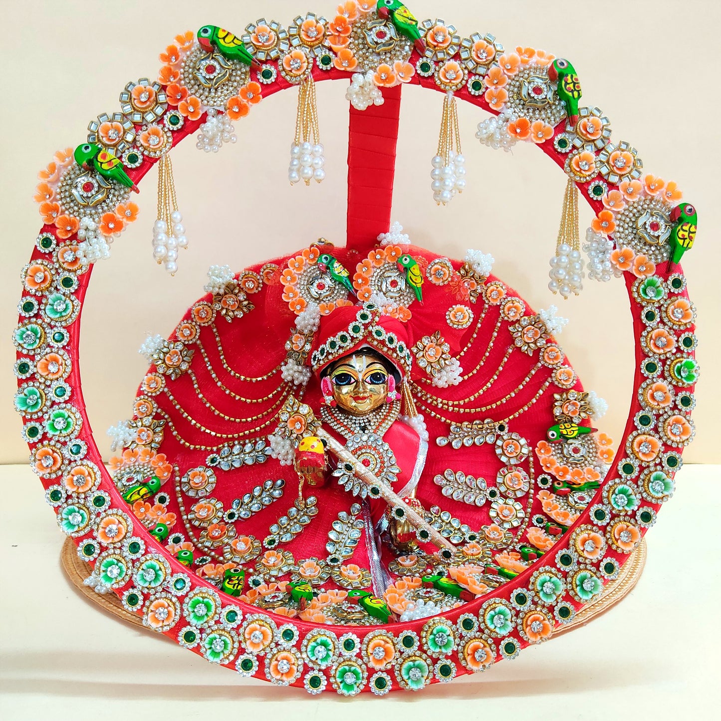 Two-In-One Ring Style Laddu Gopal Dress – Janmashtami Special Heavy Poshak with Decorative Ring, Handmade Kundan & Floral Patches, Matching Mukut & Full Shringar Set