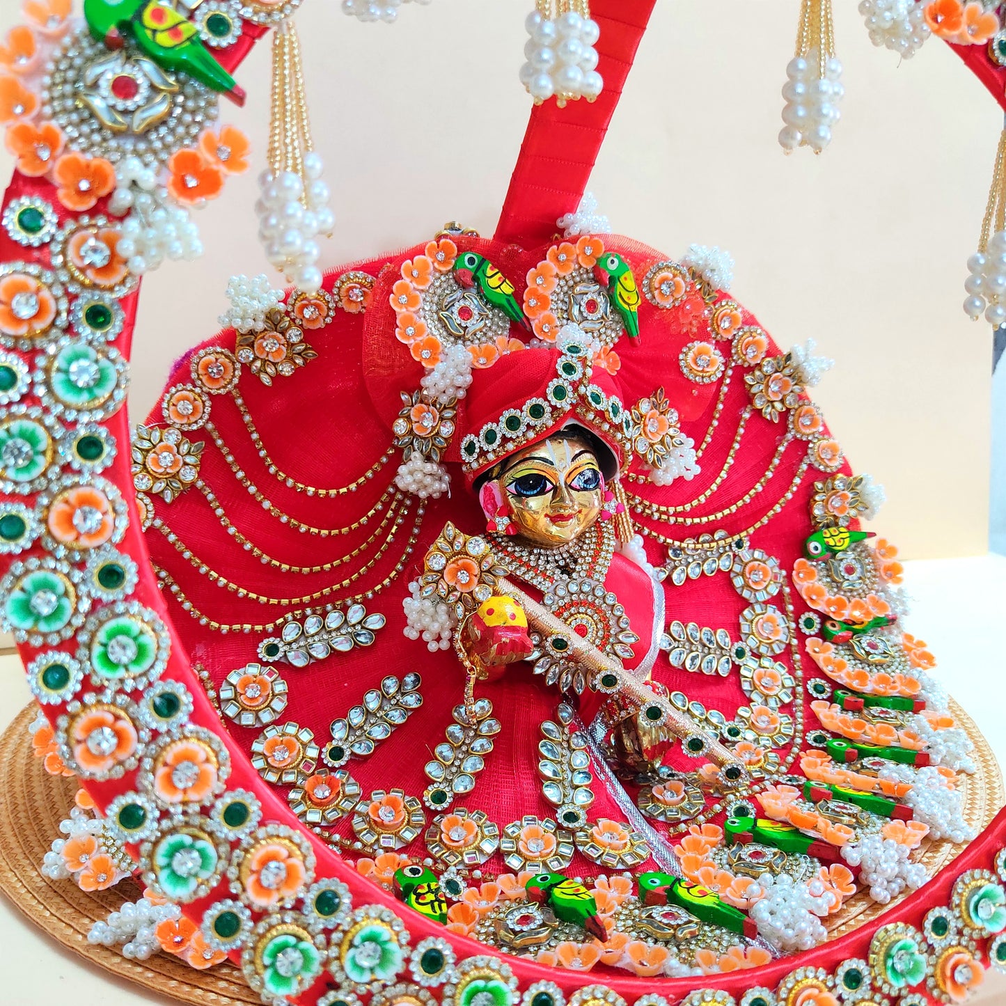 Two-In-One Ring Style Laddu Gopal Dress – Janmashtami Special Heavy Poshak with Decorative Ring, Handmade Kundan & Floral Patches, Matching Mukut & Full Shringar Set