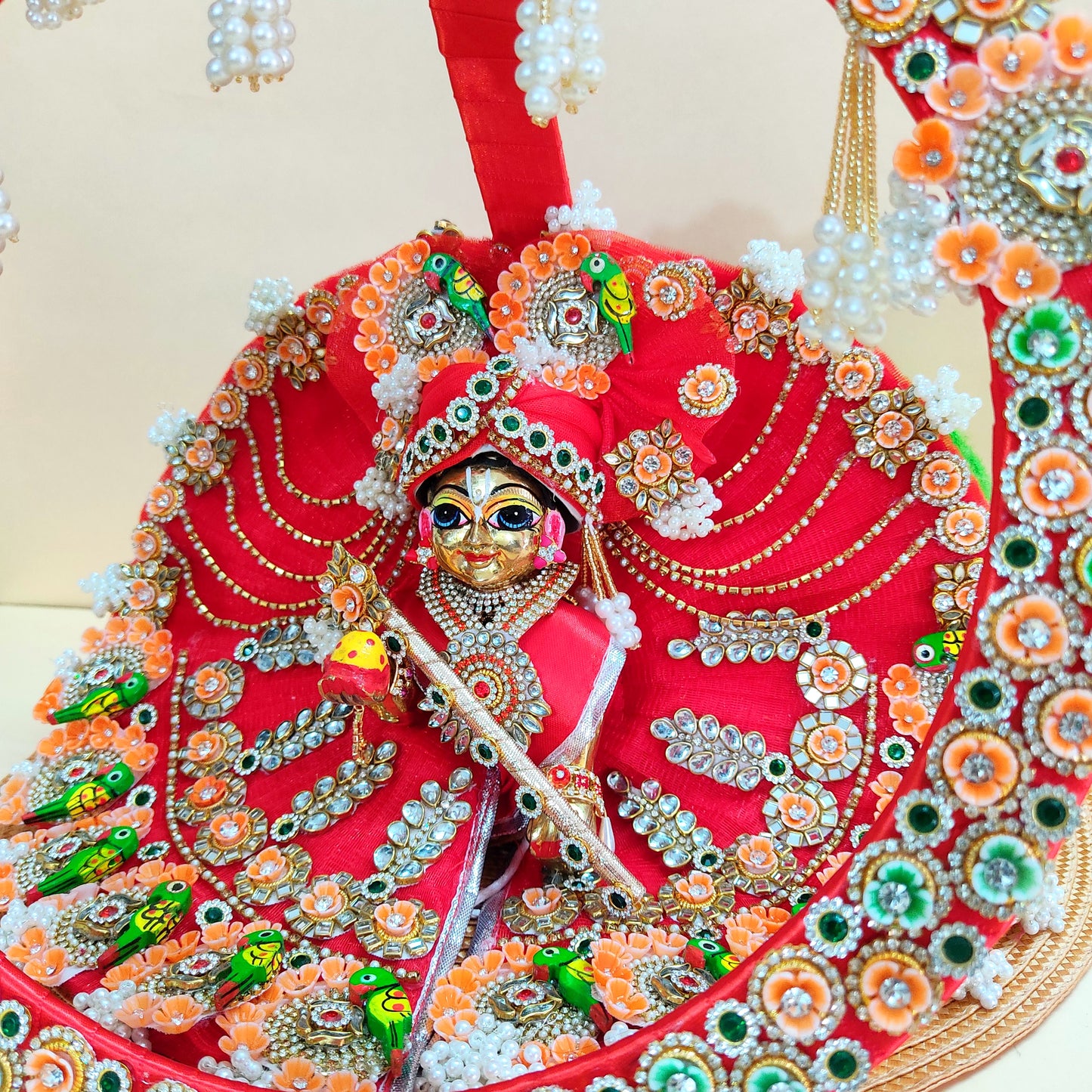 Two-In-One Ring Style Laddu Gopal Dress – Janmashtami Special Heavy Poshak with Decorative Ring, Handmade Kundan & Floral Patches, Matching Mukut & Full Shringar Set