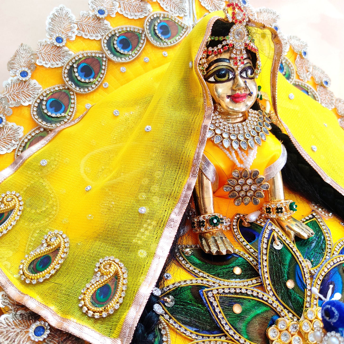 3D Peacock Radha Rani Dress – Janmashtami Special Designer Poshak with Matching Chunri & Full Shringar Set