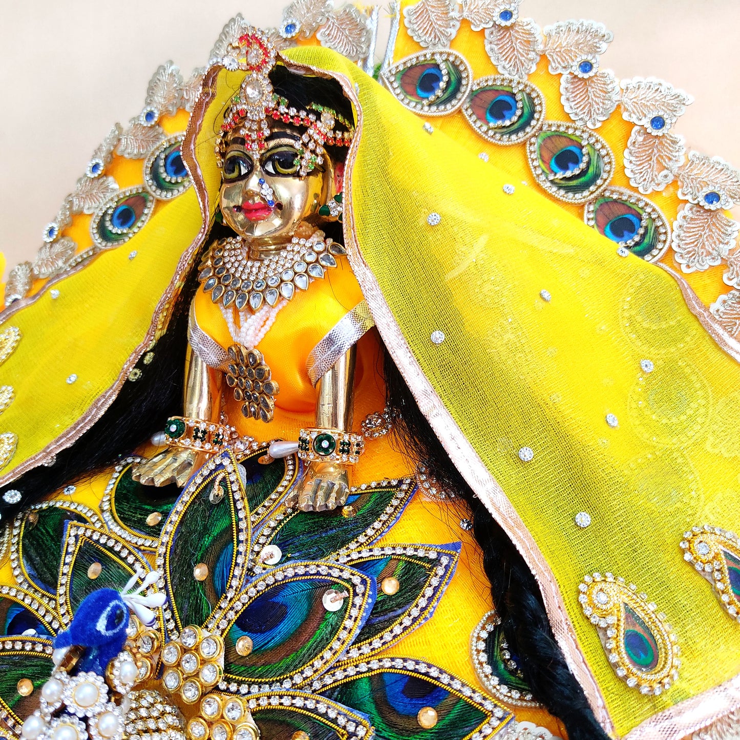 3D Peacock Radha Rani Dress – Janmashtami Special Designer Poshak with Matching Chunri & Full Shringar Set