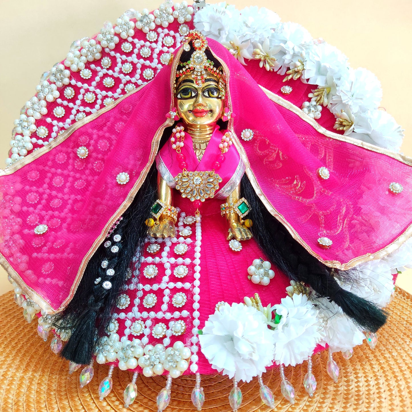 Golden “Shree Krishna” Name Patch with Charan Motif Radha Rani Dress – Pink Designer Poshak with Floral and Full Bead Work, Matching Dupatta & Full Shringar Set