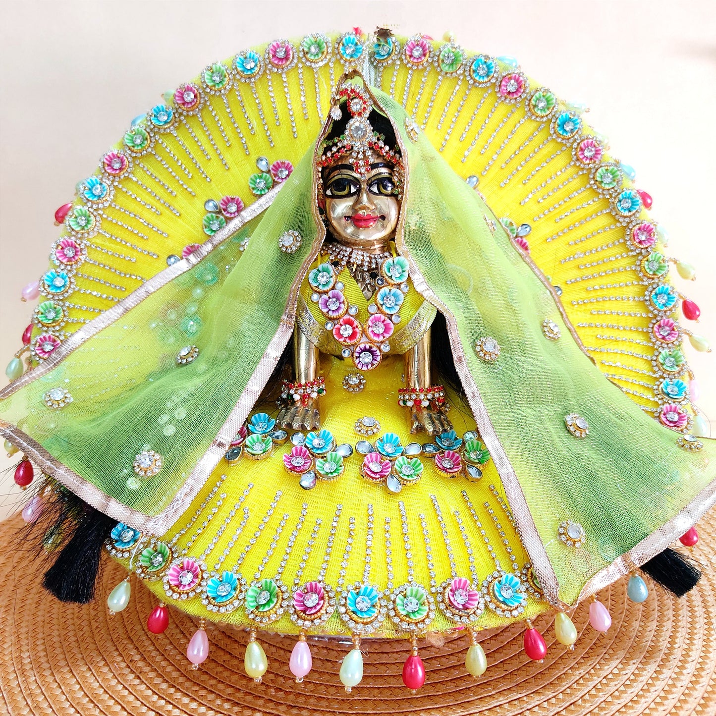 Elegant Lemon Yellow Radha Rani Outfit – Multicolor Floral Work with Diamond Chain Detailing, Chunri & Full Shringar Set