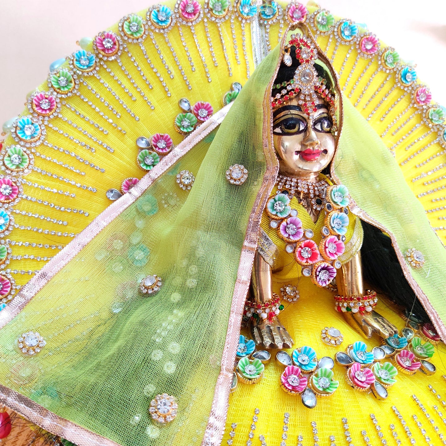 Elegant Lemon Yellow Radha Rani Outfit – Multicolor Floral Work with Diamond Chain Detailing, Chunri & Full Shringar Set