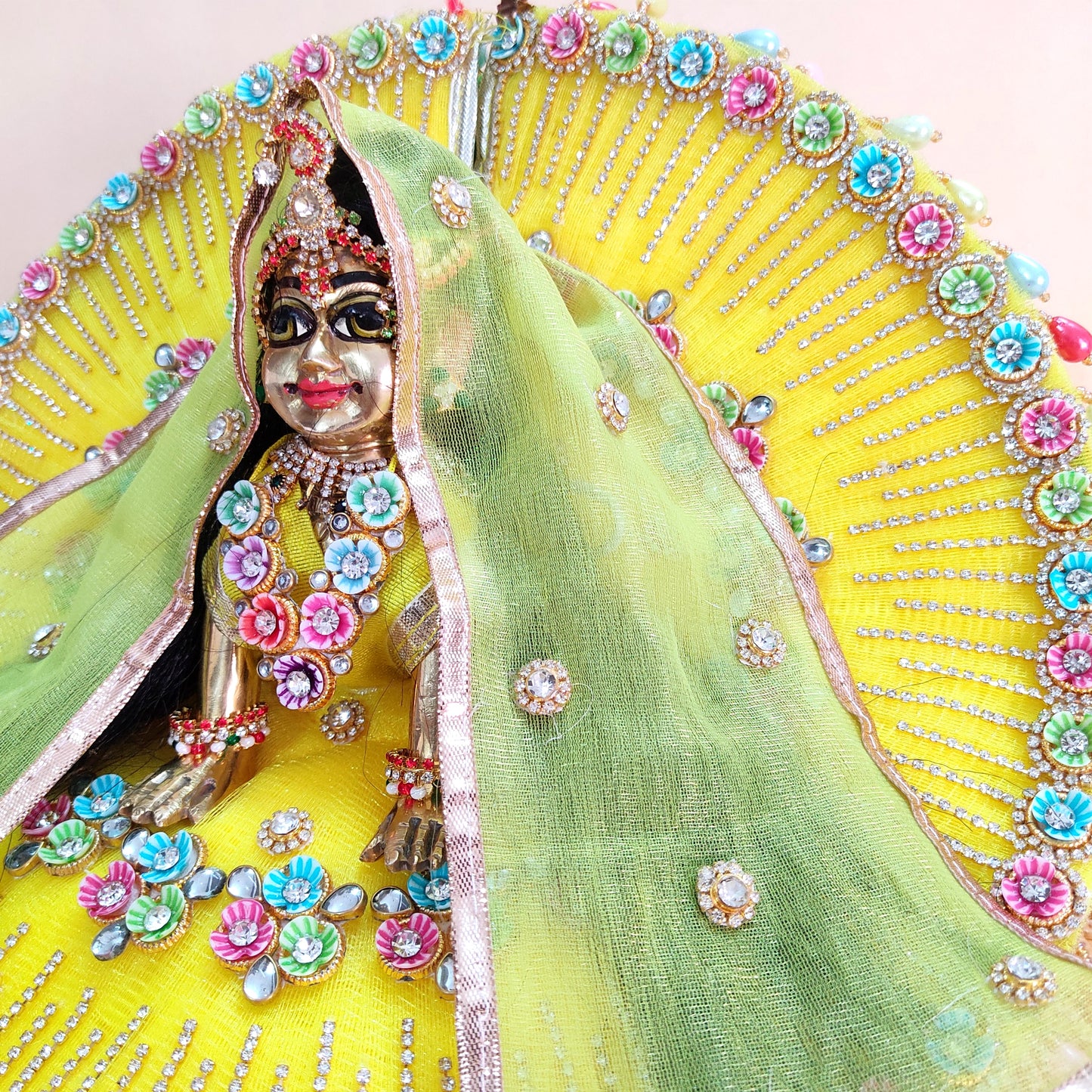 Elegant Lemon Yellow Radha Rani Outfit – Multicolor Floral Work with Diamond Chain Detailing, Chunri & Full Shringar Set