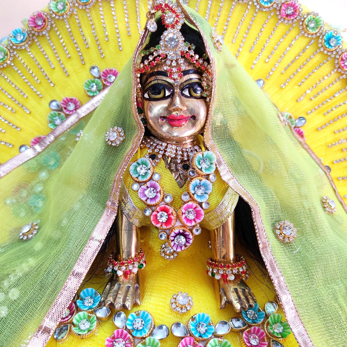 Elegant Lemon Yellow Radha Rani Outfit – Multicolor Floral Work with Diamond Chain Detailing, Chunri & Full Shringar Set