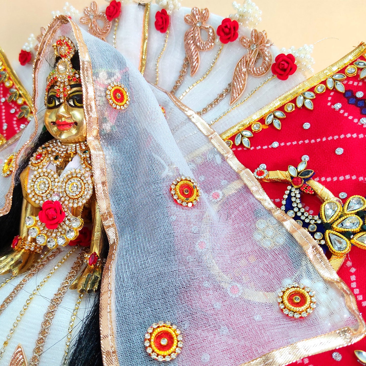 Butterfly Style Red & White Radha Rani Dress – Bandhej Print with Handmade Peacock Patches, Dupatta & Full Shringar Set