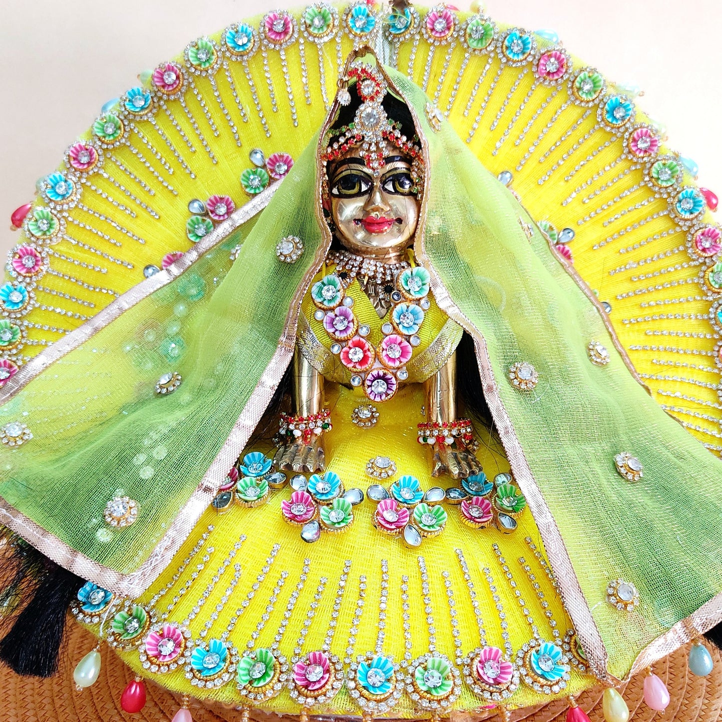 Elegant Lemon Yellow Radha Rani Outfit – Multicolor Floral Work with Diamond Chain Detailing, Chunri & Full Shringar Set