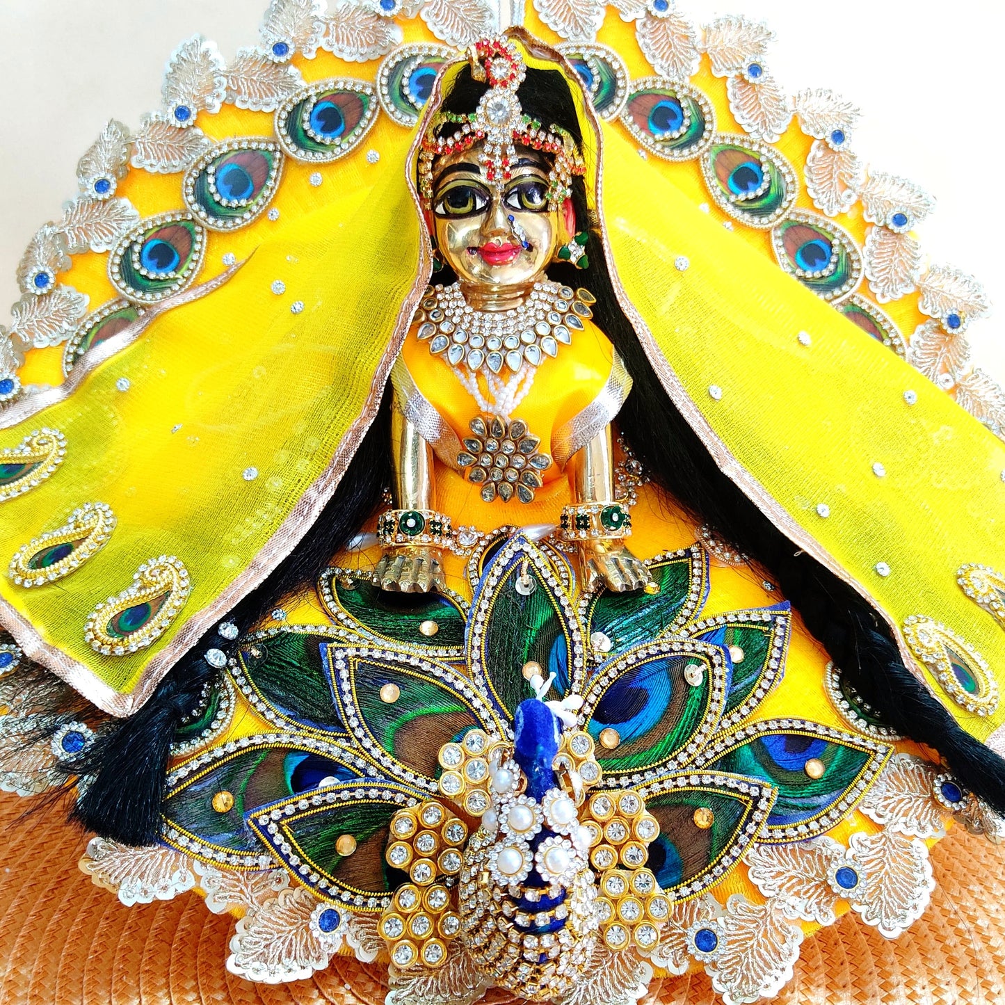 3D Peacock Radha Rani Dress – Janmashtami Special Designer Poshak with Matching Chunri & Full Shringar Set