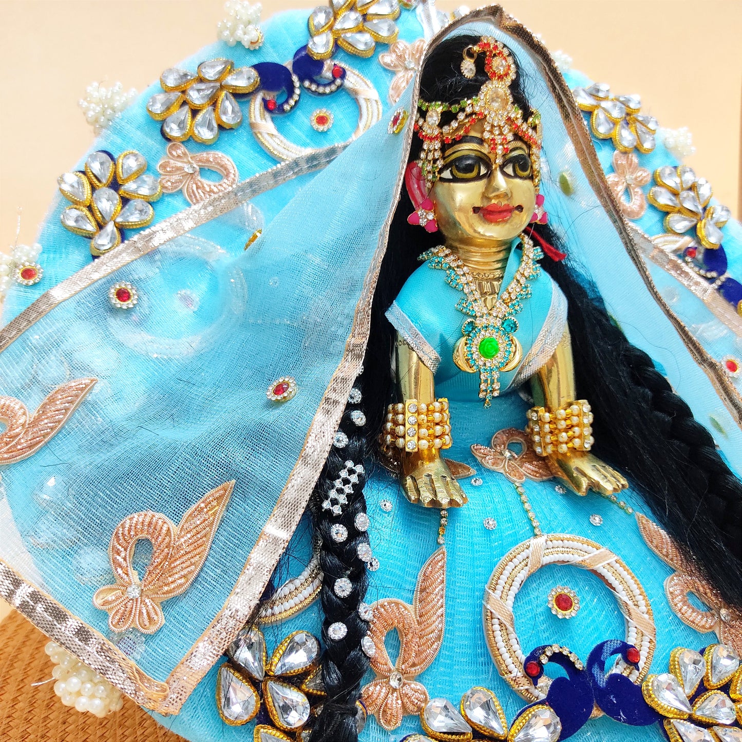 Sky Blue Kundan Work Radha Rani Dress – Royal Kundan Embroidery on Peacock Motifs, Matching Dupatta & Complete Shringar Set