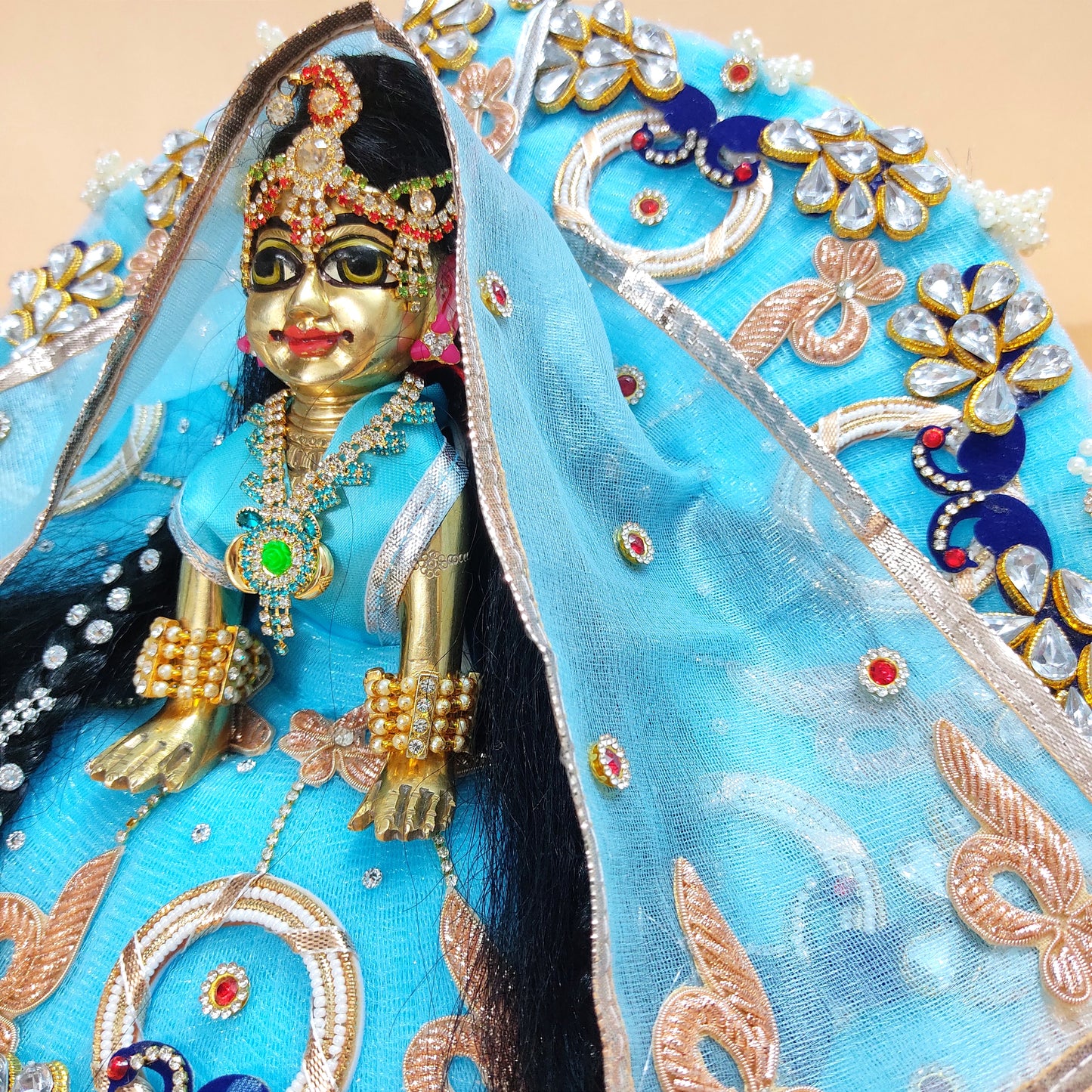 Sky Blue Kundan Work Radha Rani Dress – Royal Kundan Embroidery on Peacock Motifs, Matching Dupatta & Complete Shringar Set