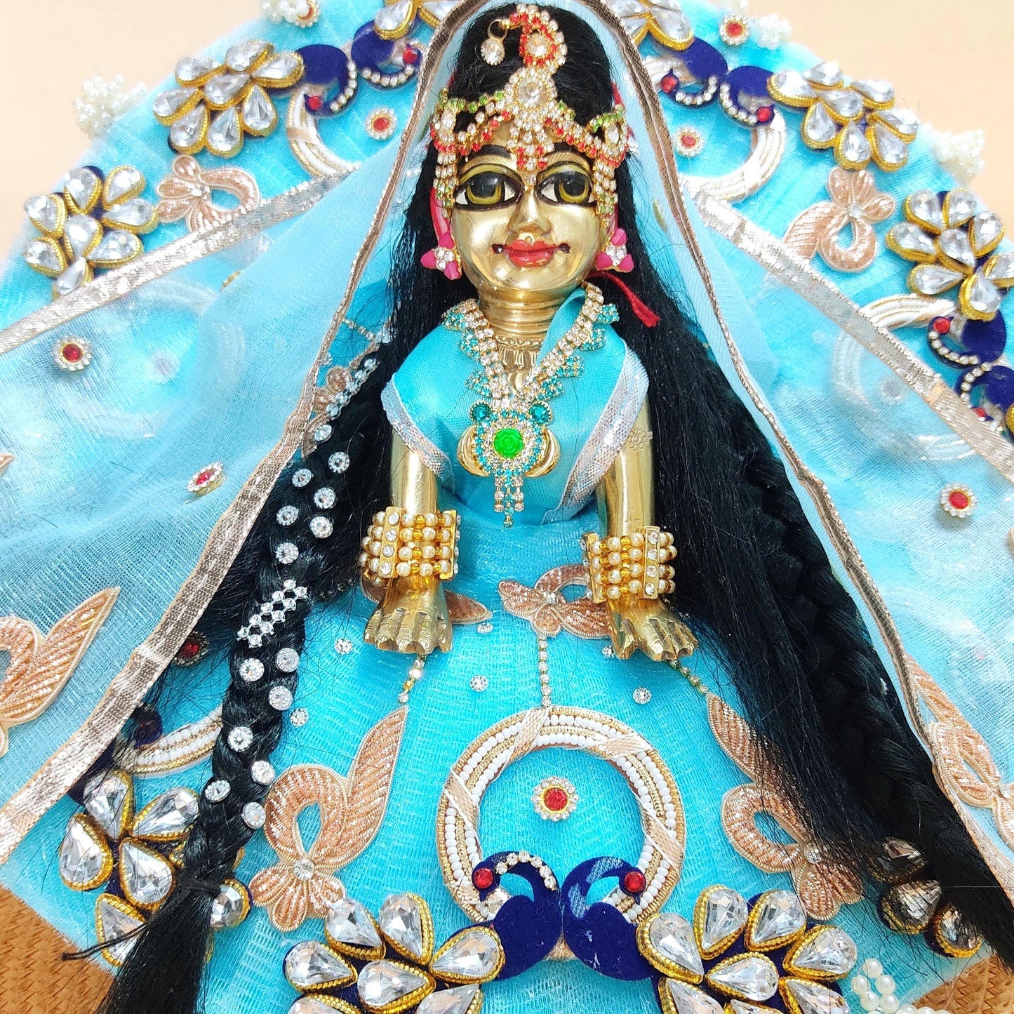 Sky Blue Kundan Work Radha Rani Dress – Royal Kundan Embroidery on Peacock Motifs, Matching Dupatta & Complete Shringar Set