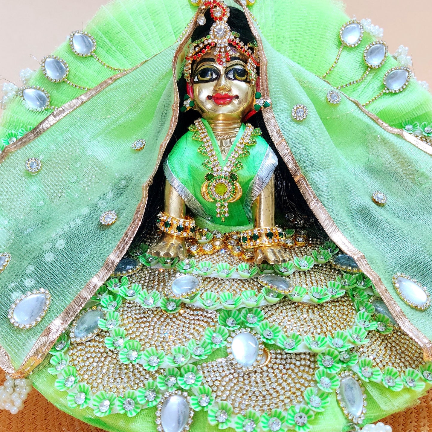 Sparkling Diamond Finish Radha Rani Dress in Pear Green – Janmashtami Special Unique Poshak Design With Matching Dupatta, Bansuri & A Surprise Gift.