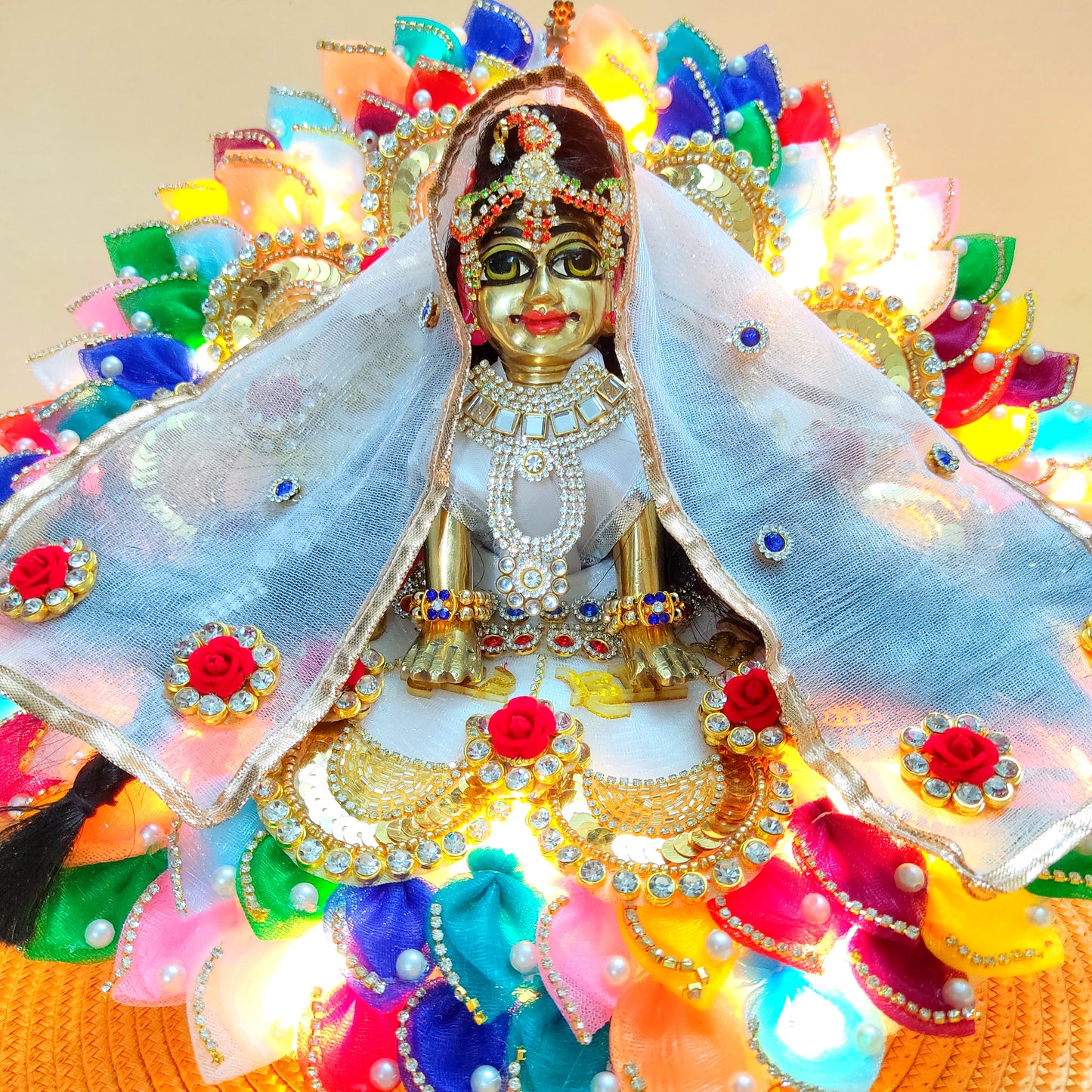 LED Light-Up Two-In-One Radha Rani Dress – Radhe Radhe Patches & Multicolor Petal Work with Heavy Dupatta & Full Shringar Set
