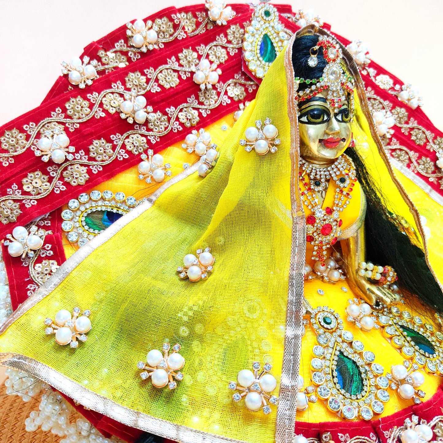 Designer Red and Yellow Radha Rani Poshak – Heavy Styling Dress with Peacock Feather Patches, Matching Chunri & Full Shringar Set
