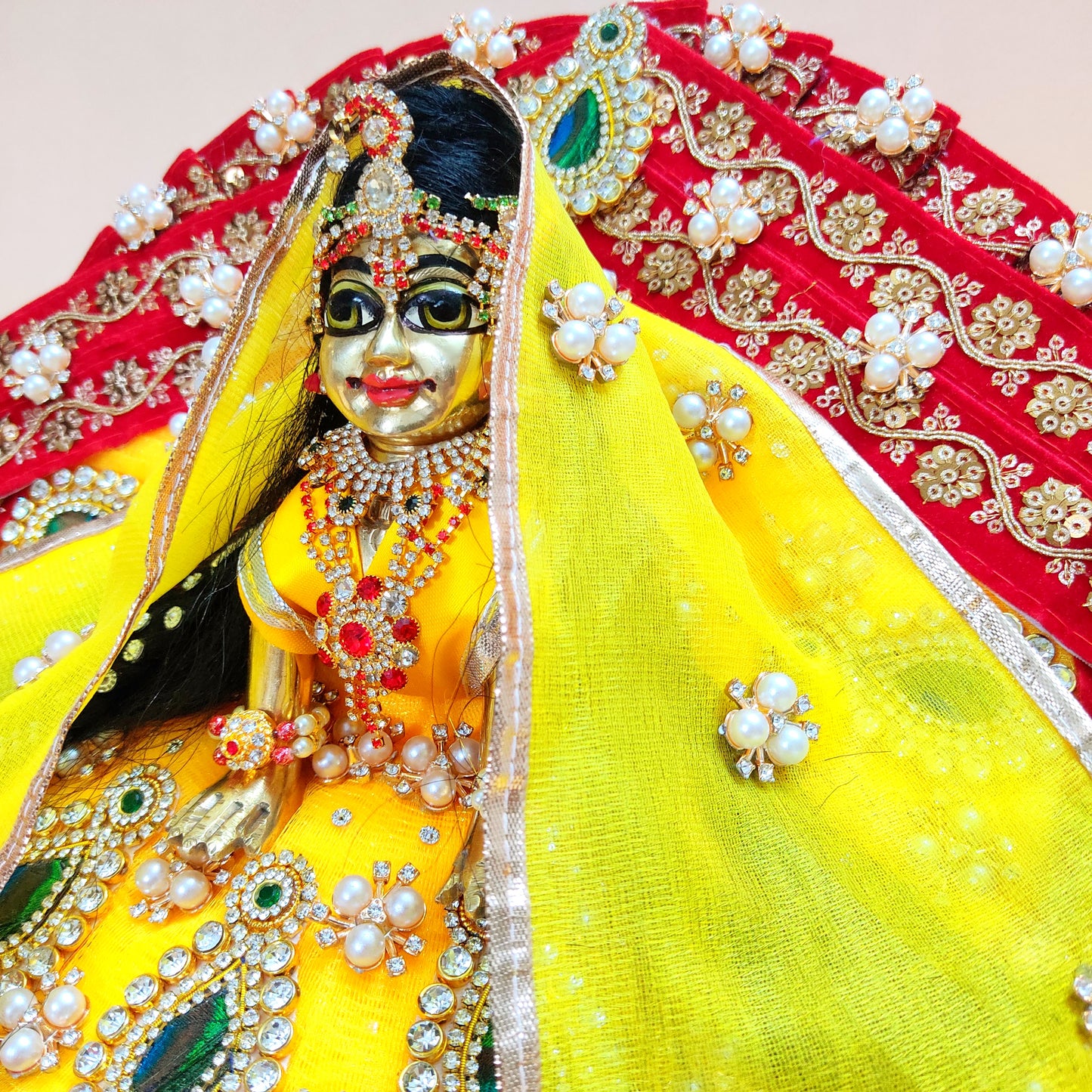 Designer Red and Yellow Radha Rani Poshak – Heavy Styling Dress with Peacock Feather Patches, Matching Chunri & Full Shringar Set