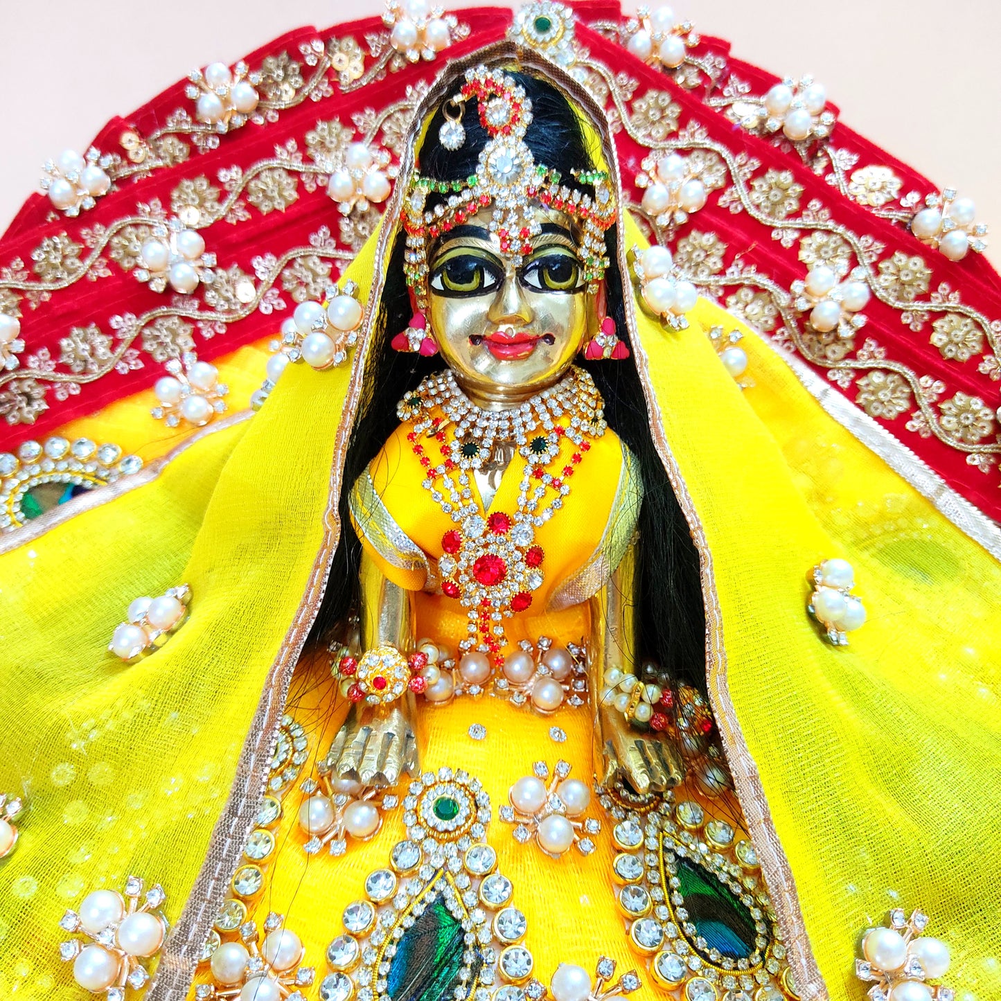 Designer Red and Yellow Radha Rani Poshak – Heavy Styling Dress with Peacock Feather Patches, Matching Chunri & Full Shringar Set