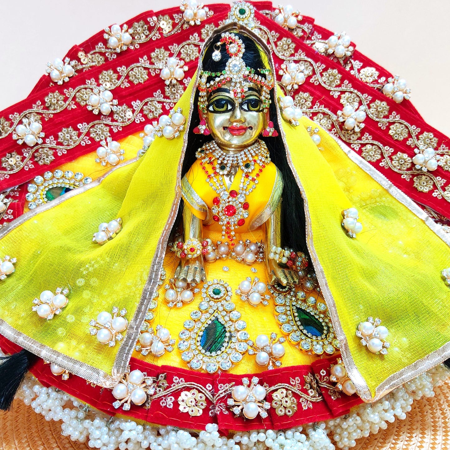 Designer Red and Yellow Radha Rani Poshak – Heavy Styling Dress with Peacock Feather Patches, Matching Chunri & Full Shringar Set