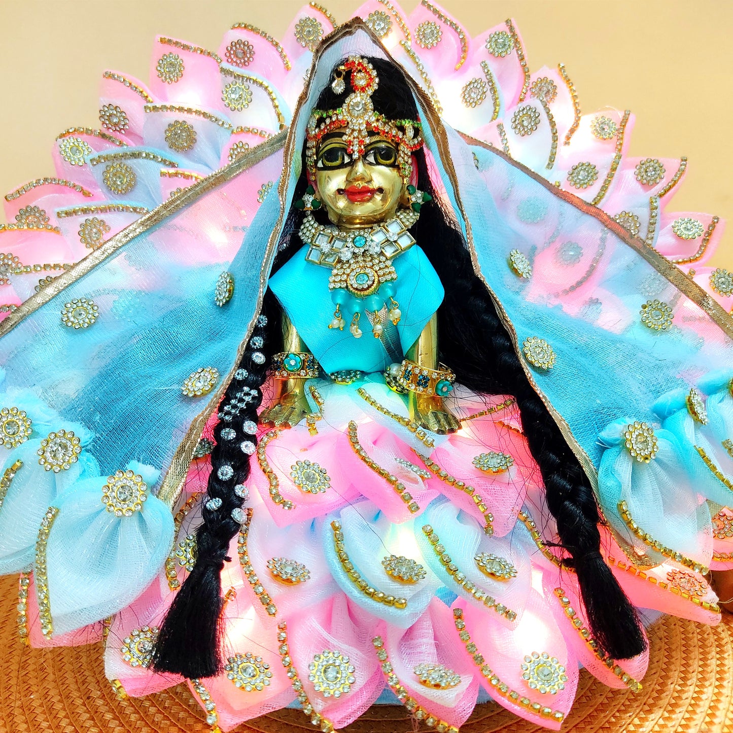 LED Light Up Radha Rani Dress – Two-In-One Pink Radha Rani Dress with Matching Dupatta, Bansuri & A Surprise Gift.