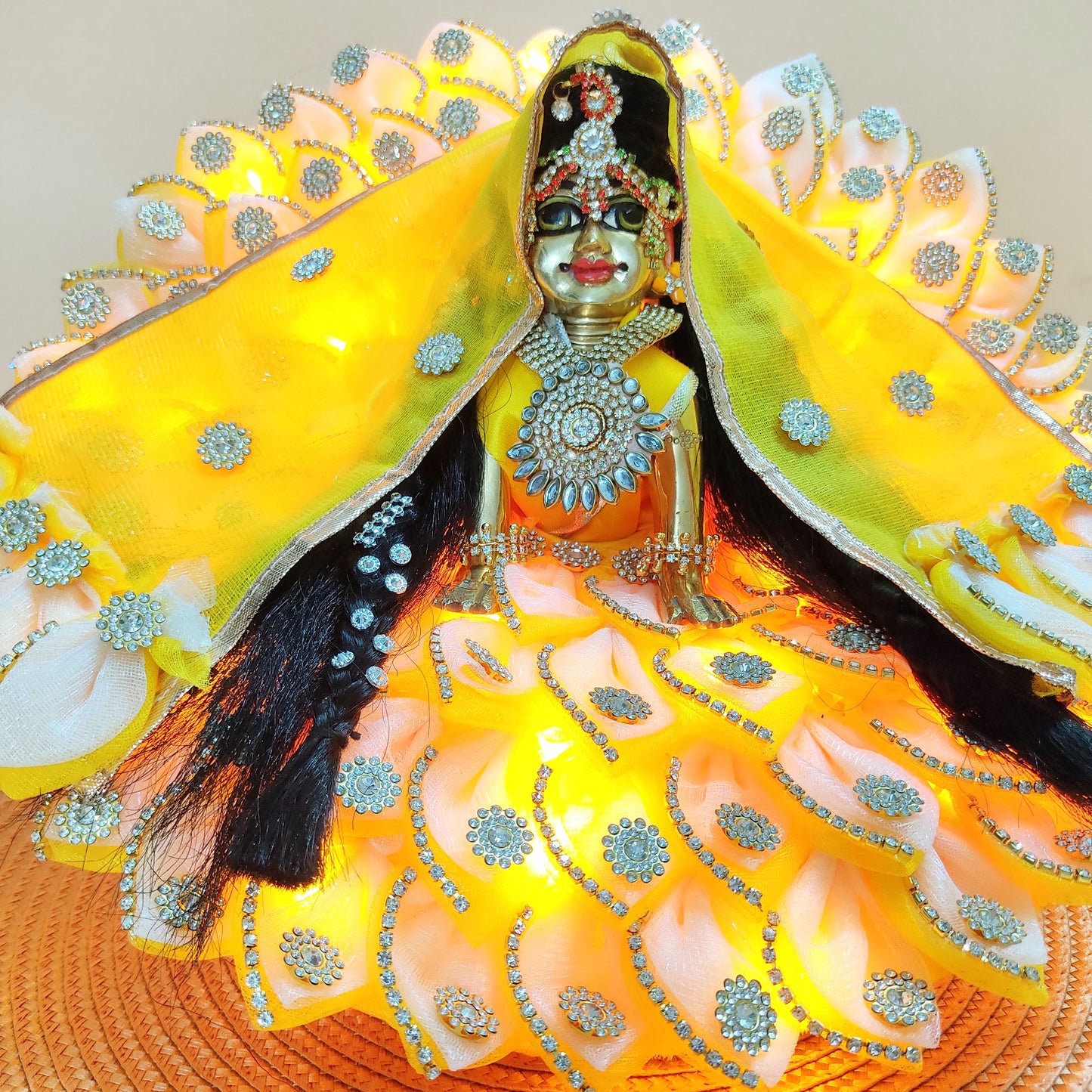 LED Light Up Radha Rani Dress – Two-In-One Pink Radha Rani Dress with Matching Dupatta, Bansuri & A Surprise Gift.