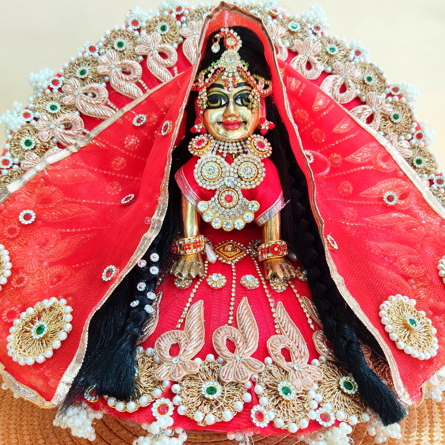Traditional Red Radha Rani Poshak – Intricate Zari & Golden Patch Dress with Matching Dupatta & Full Shringar Set