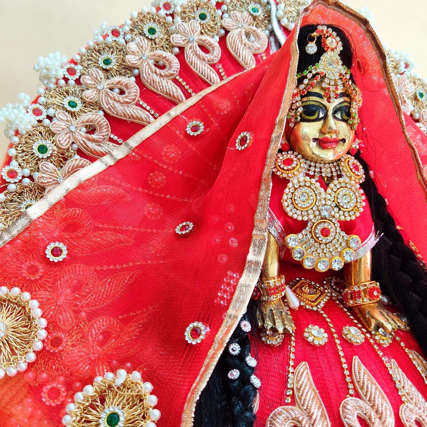 Traditional Red Radha Rani Poshak – Intricate Zari & Golden Patch Dress with Matching Dupatta & Full Shringar Set