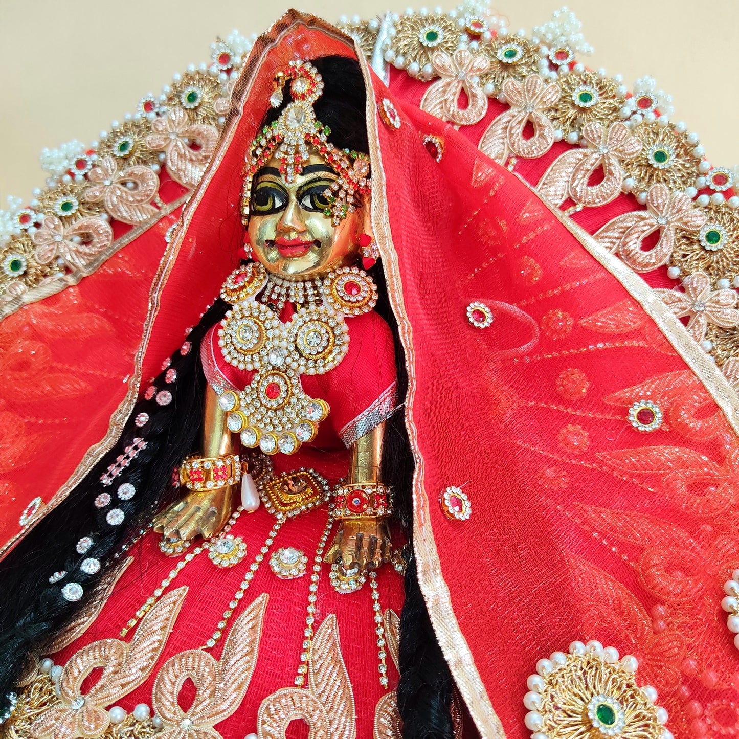Traditional Red Radha Rani Poshak – Intricate Zari & Golden Patch Dress with Matching Dupatta & Full Shringar Set