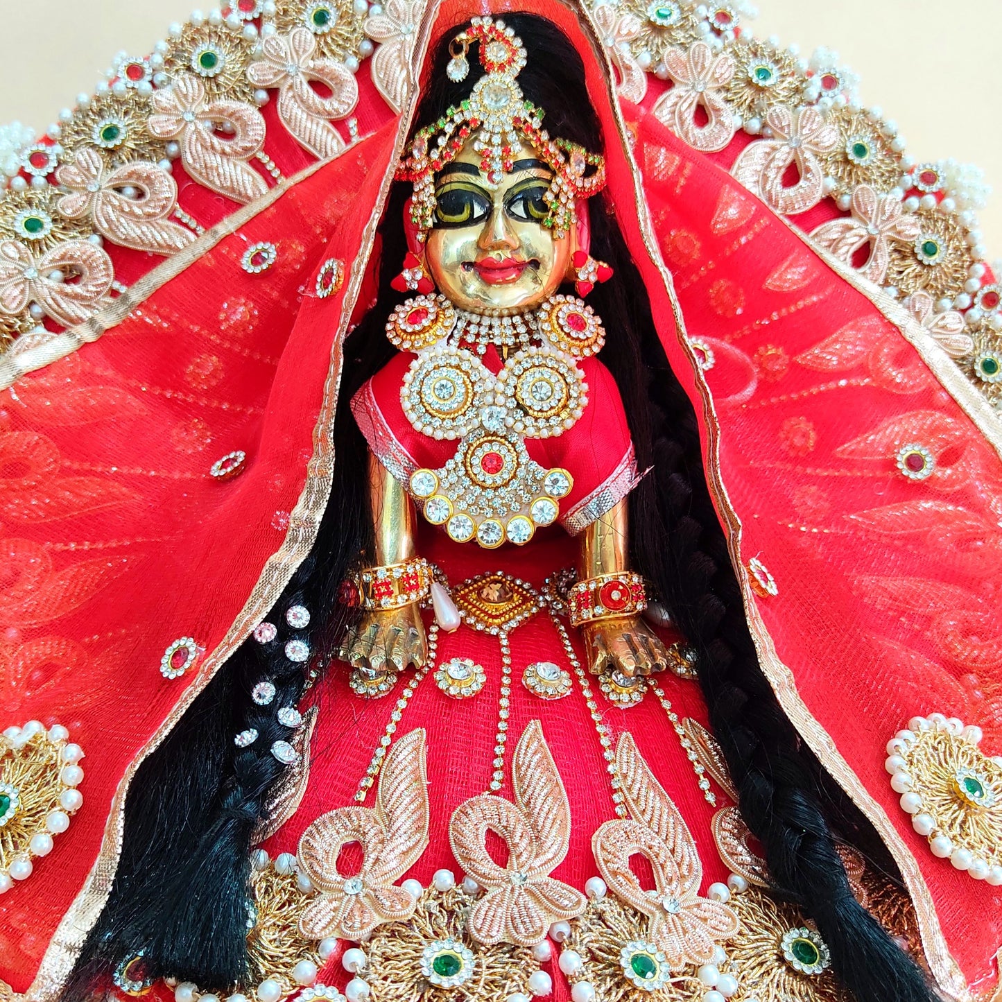 Traditional Red Radha Rani Poshak – Intricate Zari & Golden Patch Dress with Matching Dupatta & Full Shringar Set