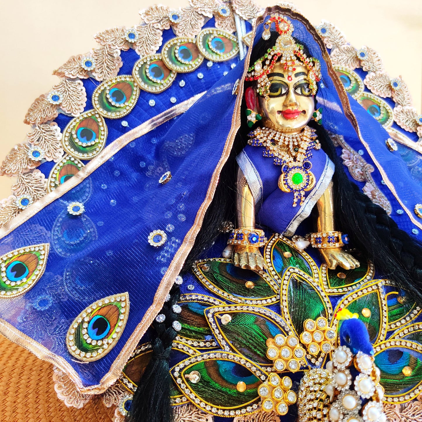 3D Peacock Blue Color Radha Rani Dress – Janmashtami Special Designer Poshak with Matching Dupatta & Full Shringar Set