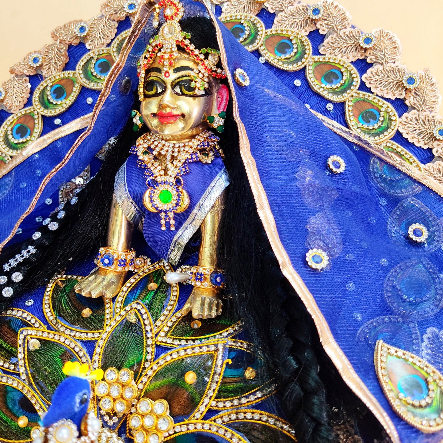 3D Peacock Blue Color Radha Rani Dress – Janmashtami Special Designer Poshak with Matching Dupatta & Full Shringar Set