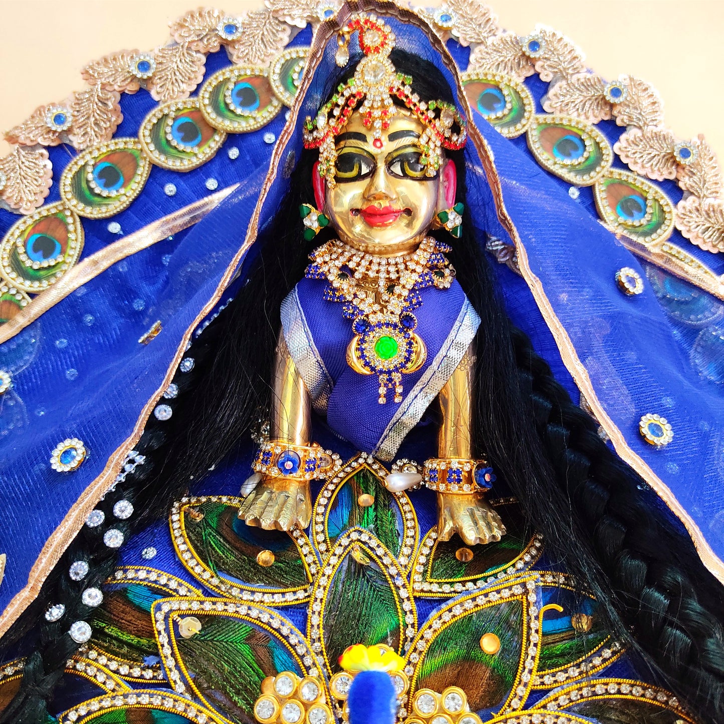 3D Peacock Blue Color Radha Rani Dress – Janmashtami Special Designer Poshak with Matching Dupatta & Full Shringar Set