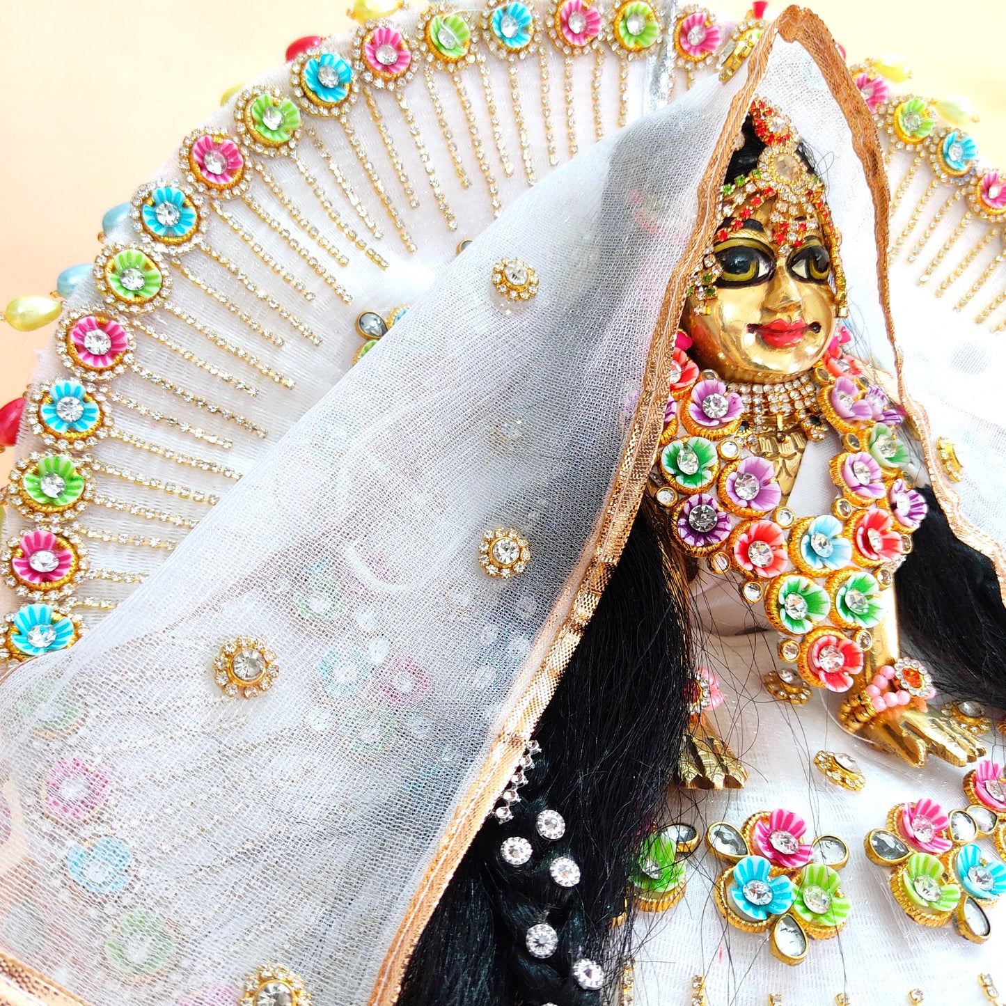 Elegant White Radha Rani Poshak – Multicolor Floral Work with Diamond Chain Detailing, Chunri & Full Shringar Set