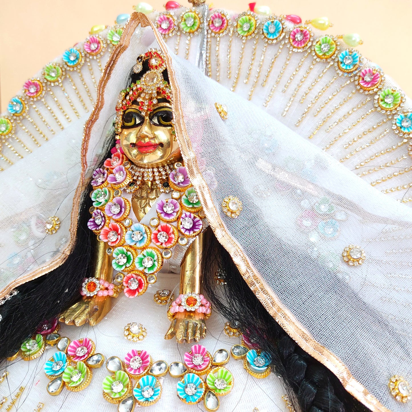 Elegant White Radha Rani Poshak – Multicolor Floral Work with Diamond Chain Detailing, Chunri & Full Shringar Set