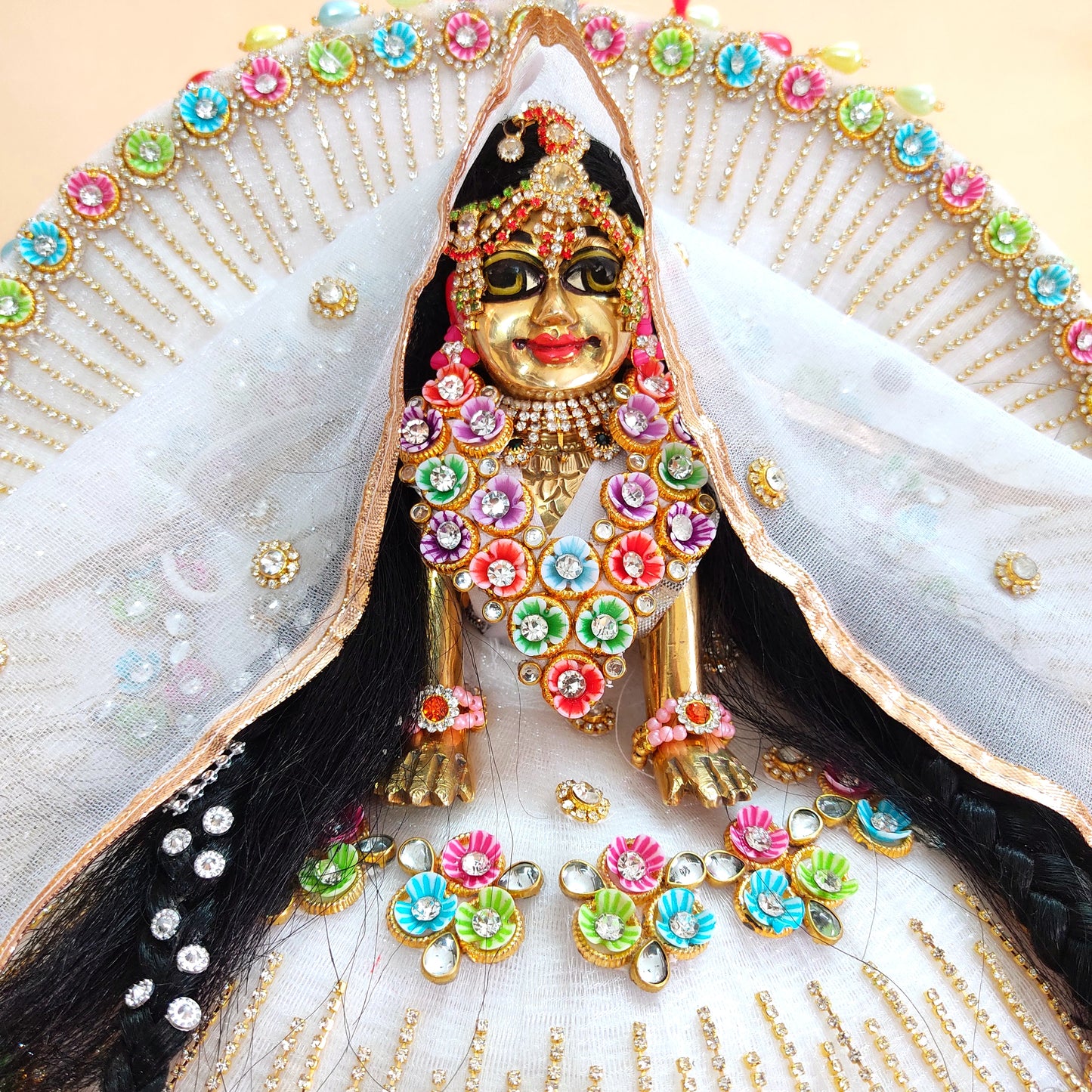 Elegant White Radha Rani Poshak – Multicolor Floral Work with Diamond Chain Detailing, Chunri & Full Shringar Set