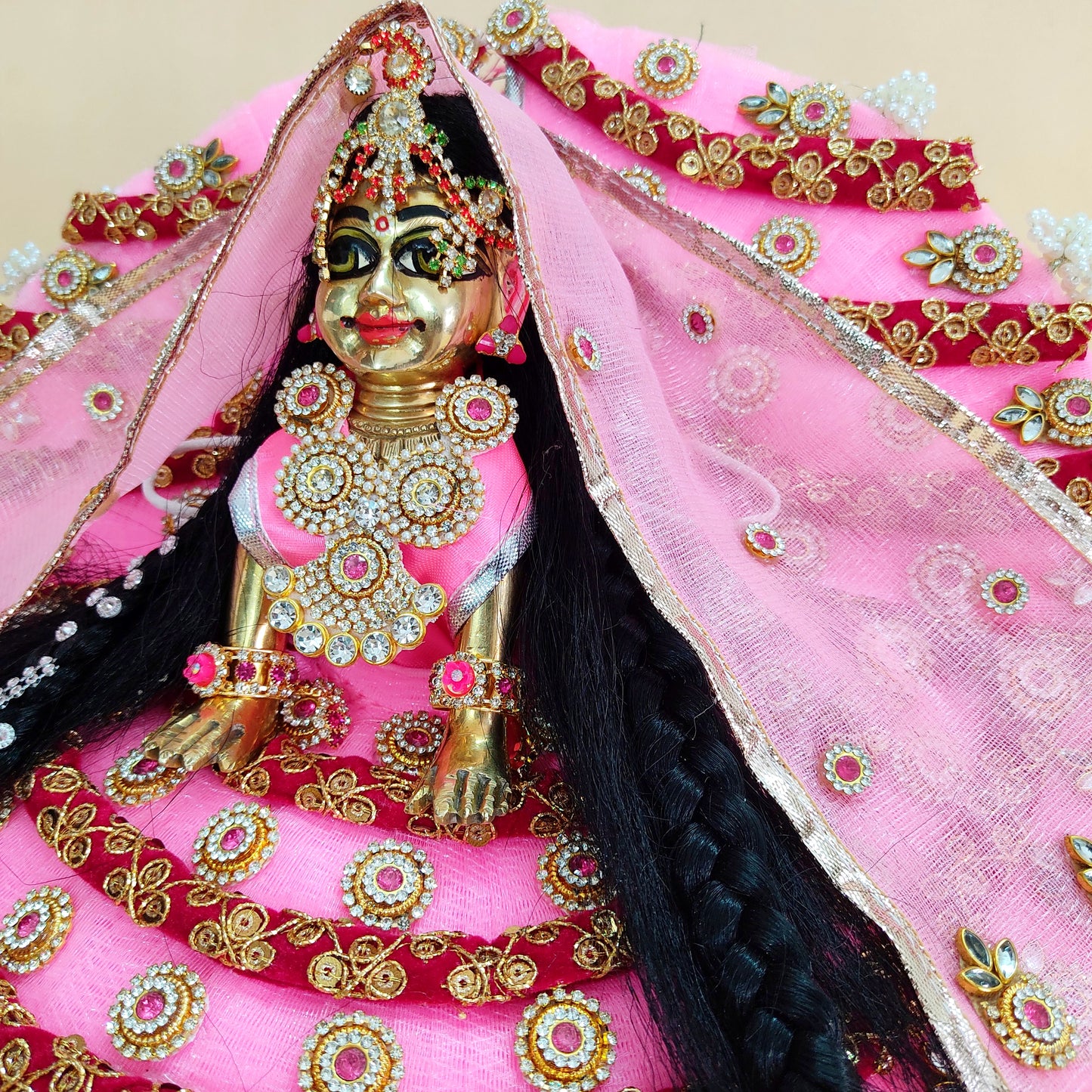 Pastel Pink Radha Rani Dress – Lace Detailing with Handcrafted Patches, Chunri & Full Shringar Set