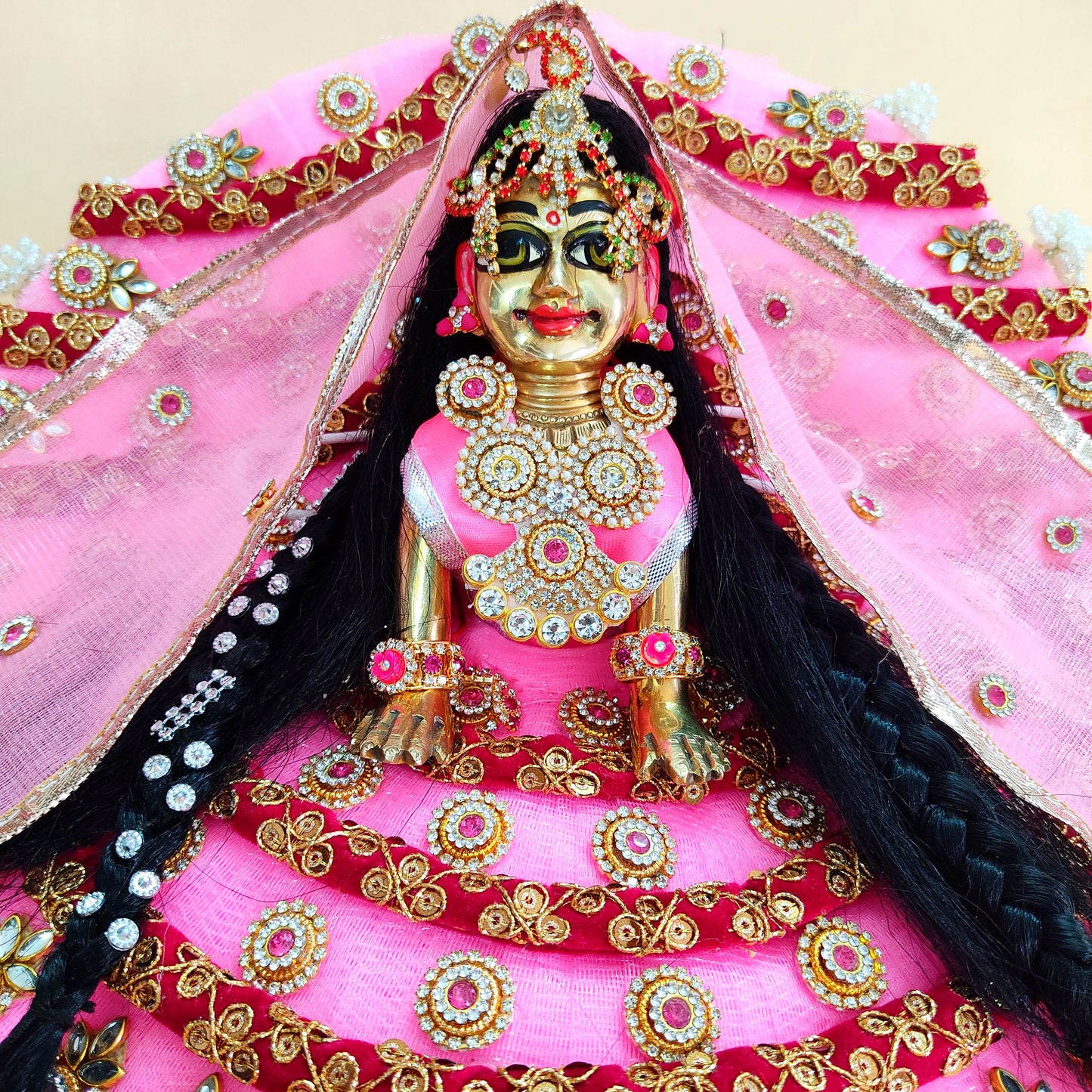 Pastel Pink Radha Rani Dress – Lace Detailing with Handcrafted Patches, Chunri & Full Shringar Set