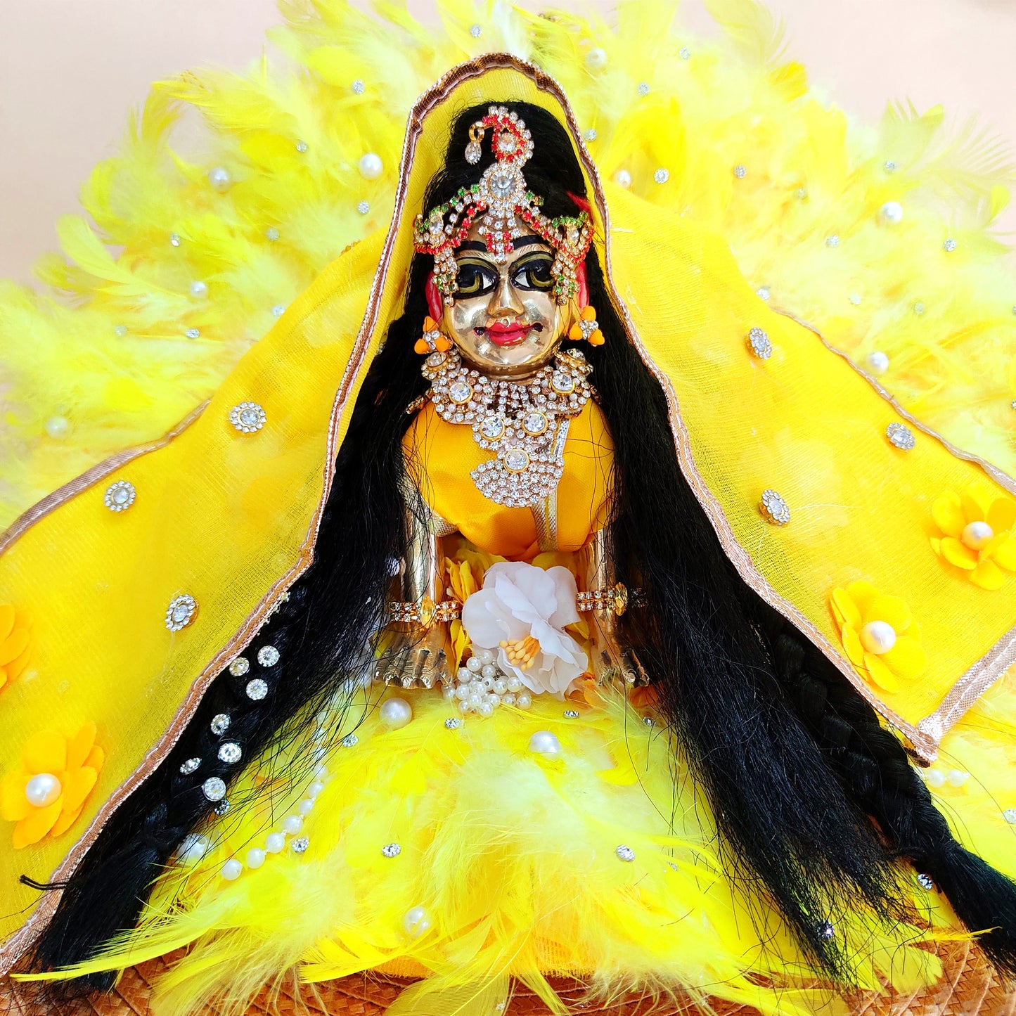 Soft Feather White & Baby Pink Radha Rani Dress – Janmashtami Special Shree Ji Poshak with Floral Work & Matching Chunri With Full Shringar Set