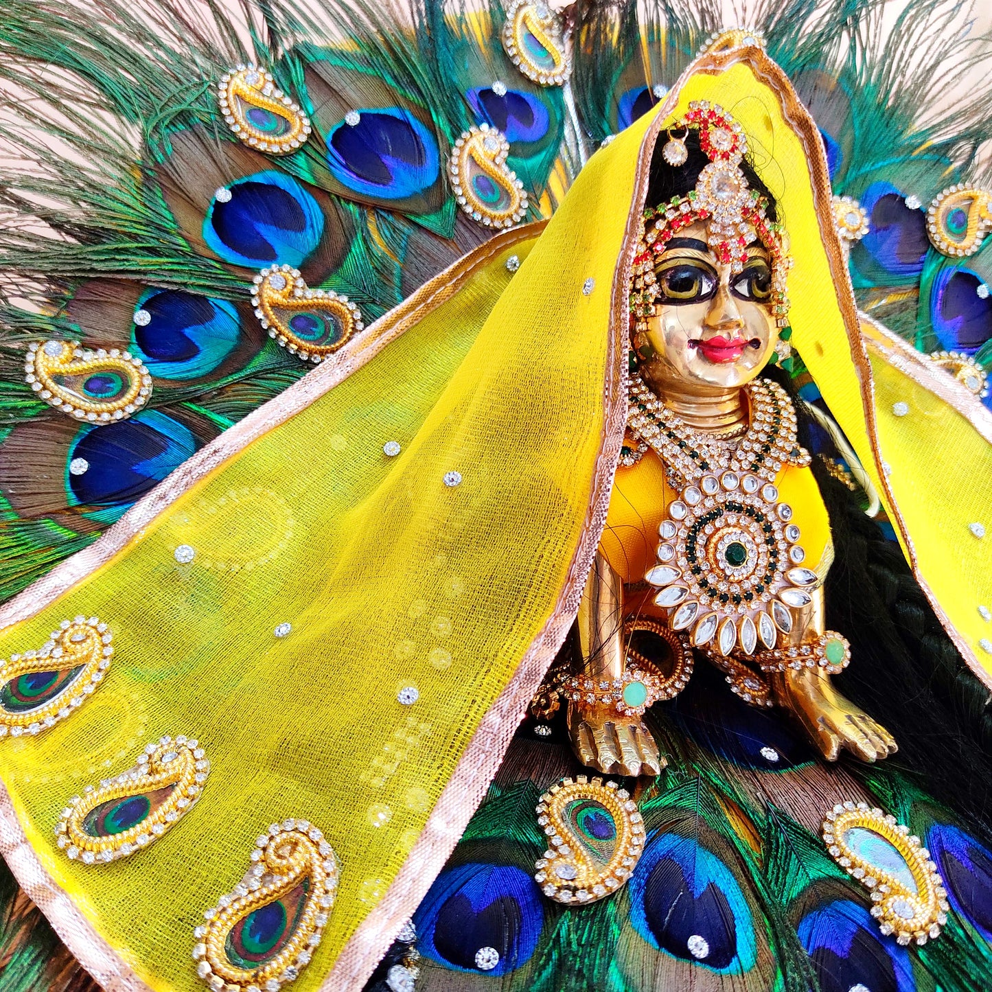 Peacock Feather Special Radha Rani Poshak – Janmashtami Special Designer Dress with Chunri & Full Shringar Set