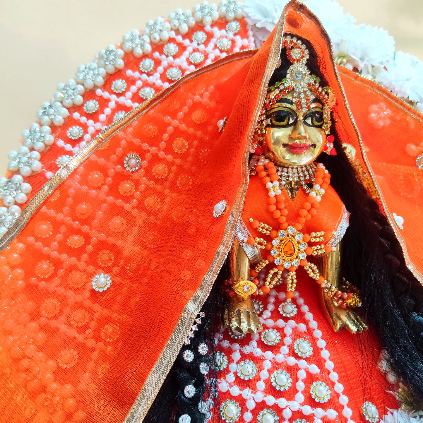Golden “Shree Krishna” Name Patch with Charan Motif Radha Rani Dress – Orange Designer Poshak with Floral and Full Bead Work, Matching Dupatta & Full Shringar Set